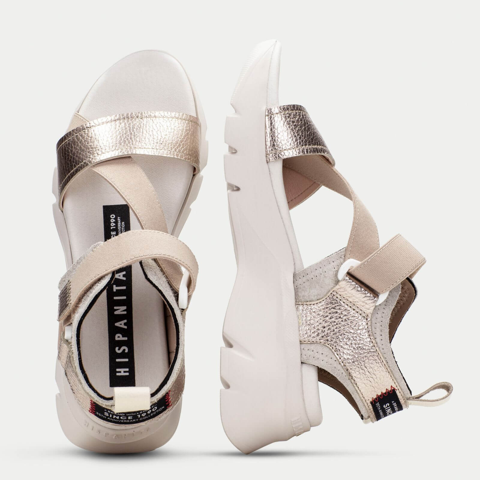 Hispanitas Sporty Silver & Gold Leather Velcro Strap Sandals - Image 3