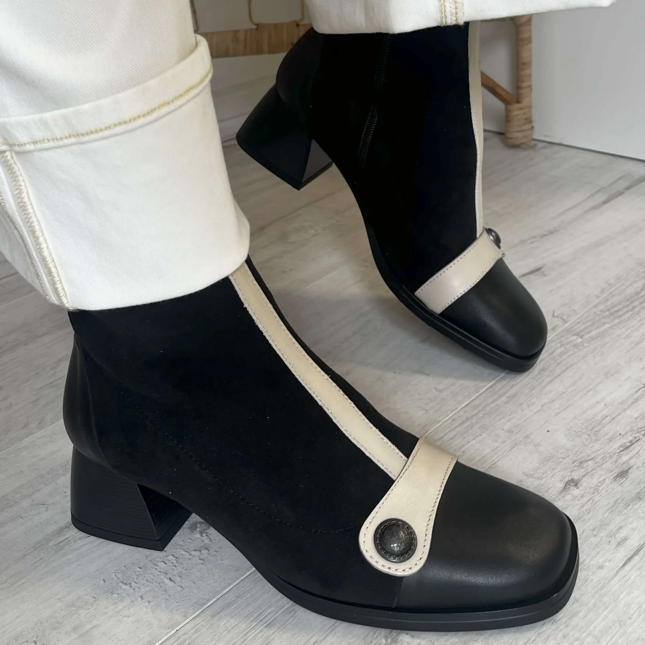 Hispanitas Cream & Black Leather Small Heel Boots - Image 5