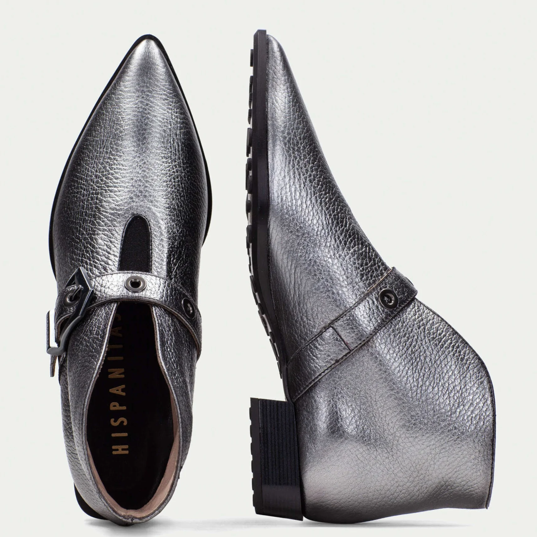 Hispanitas Dark Silver Leather Buckle Pointed Toe Flat Boots - Image 4