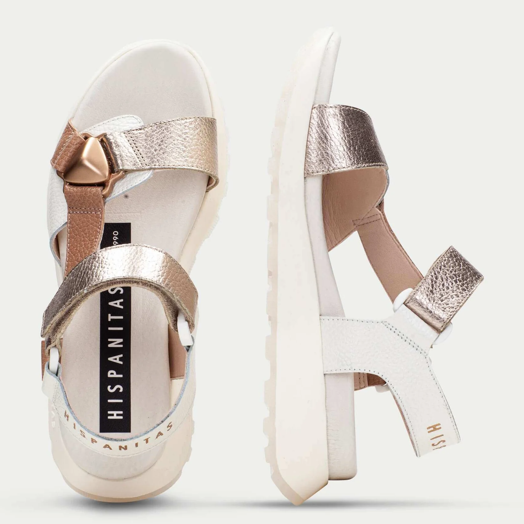 Hispanitas Gold & Almond Mix Leather Velcro Strap Sandals - Image 3