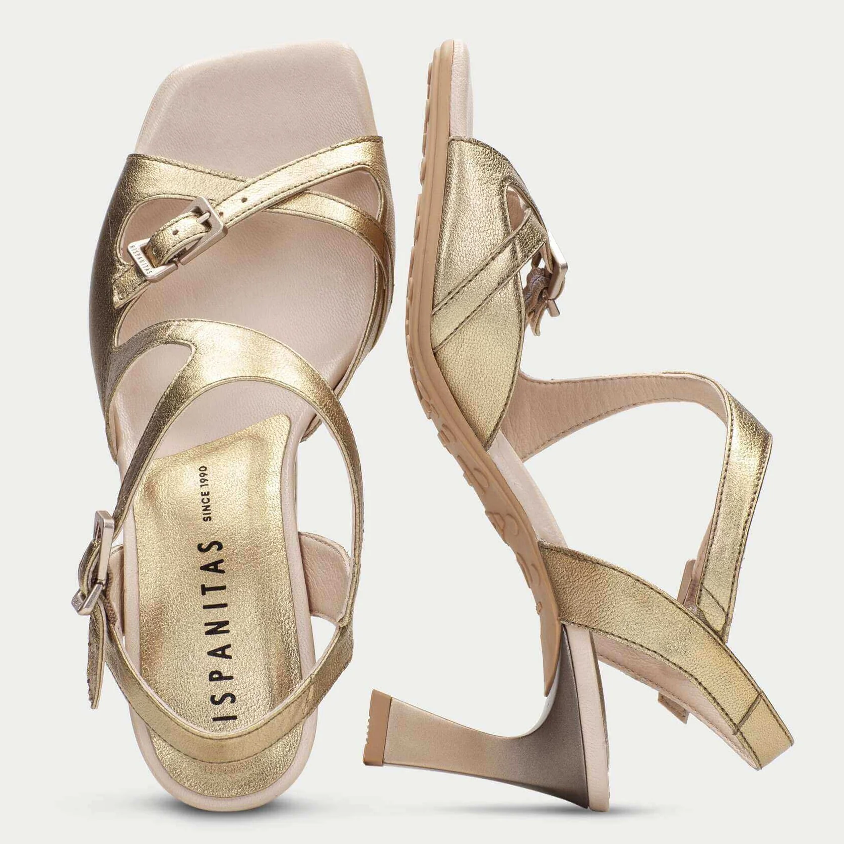 Hispanitas Gold Leather CrissCross Strap Heeled Sandals - Image 2