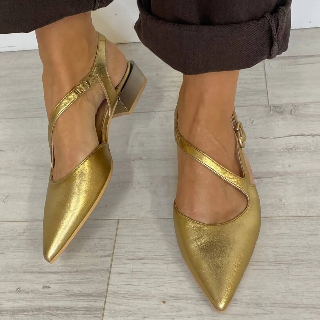 Hispanitas Gold Leather Strappy Pointed Toe Flat Shoes - Image 4