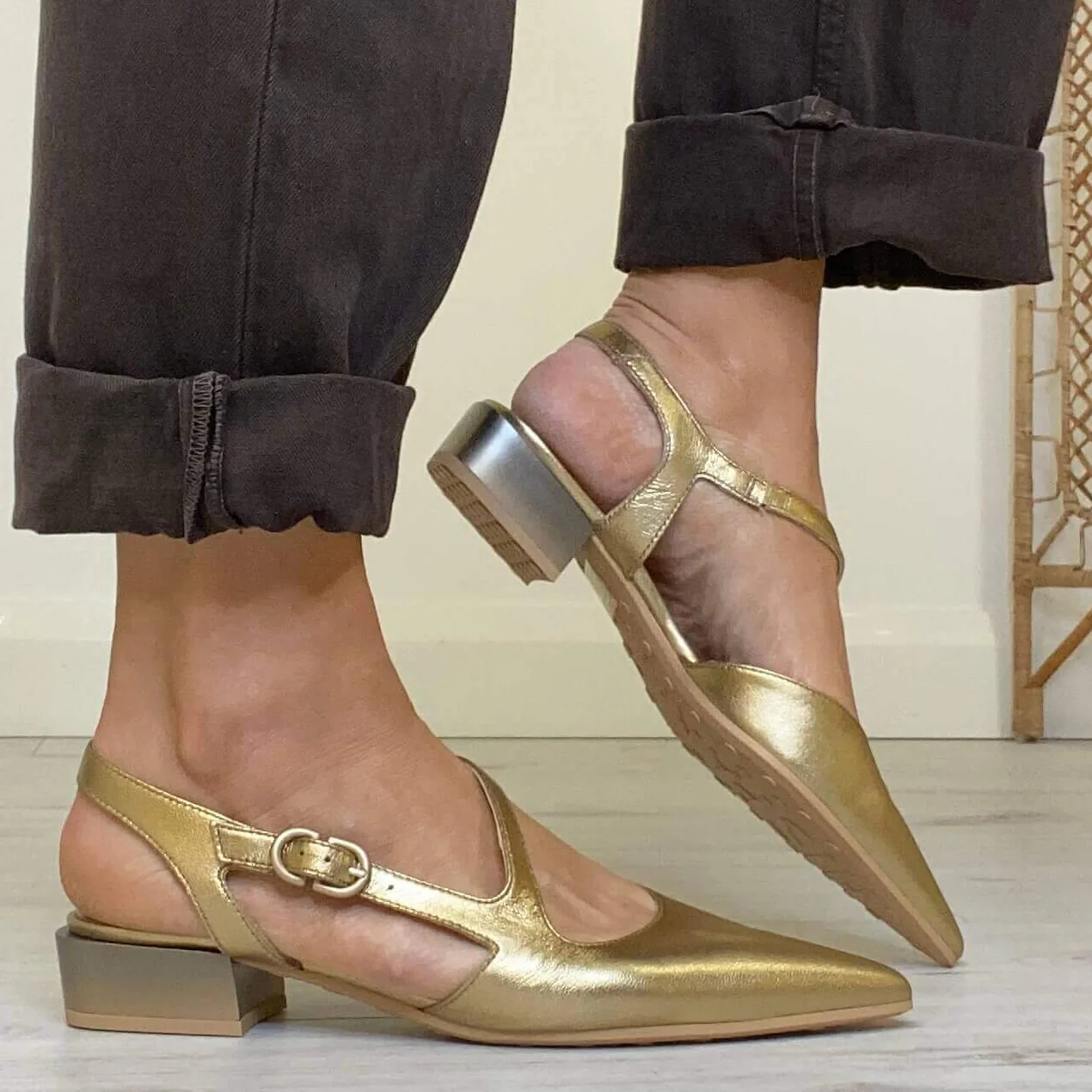 Hispanitas Gold Leather Strappy Pointed Toe Flat Shoes - Image 5