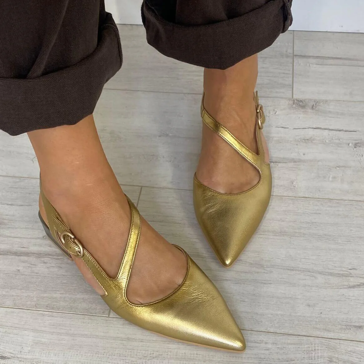 Hispanitas Gold Leather Strappy Pointed Toe Flat Shoes - Image 6