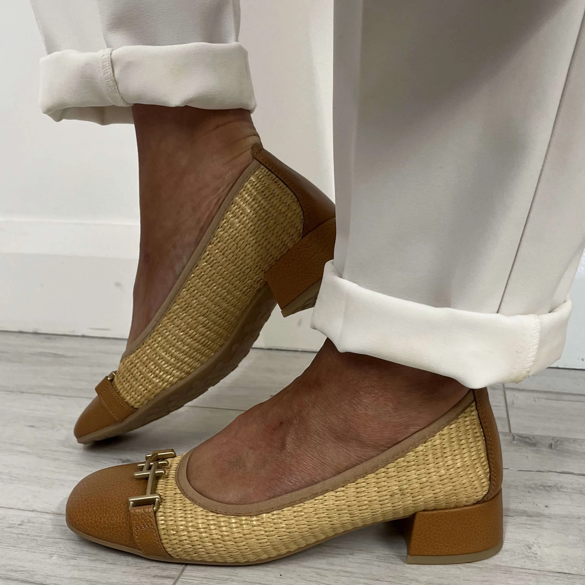 Hispanitas Tan Rafia Leather Slip On Heeled Pumps - Image 3