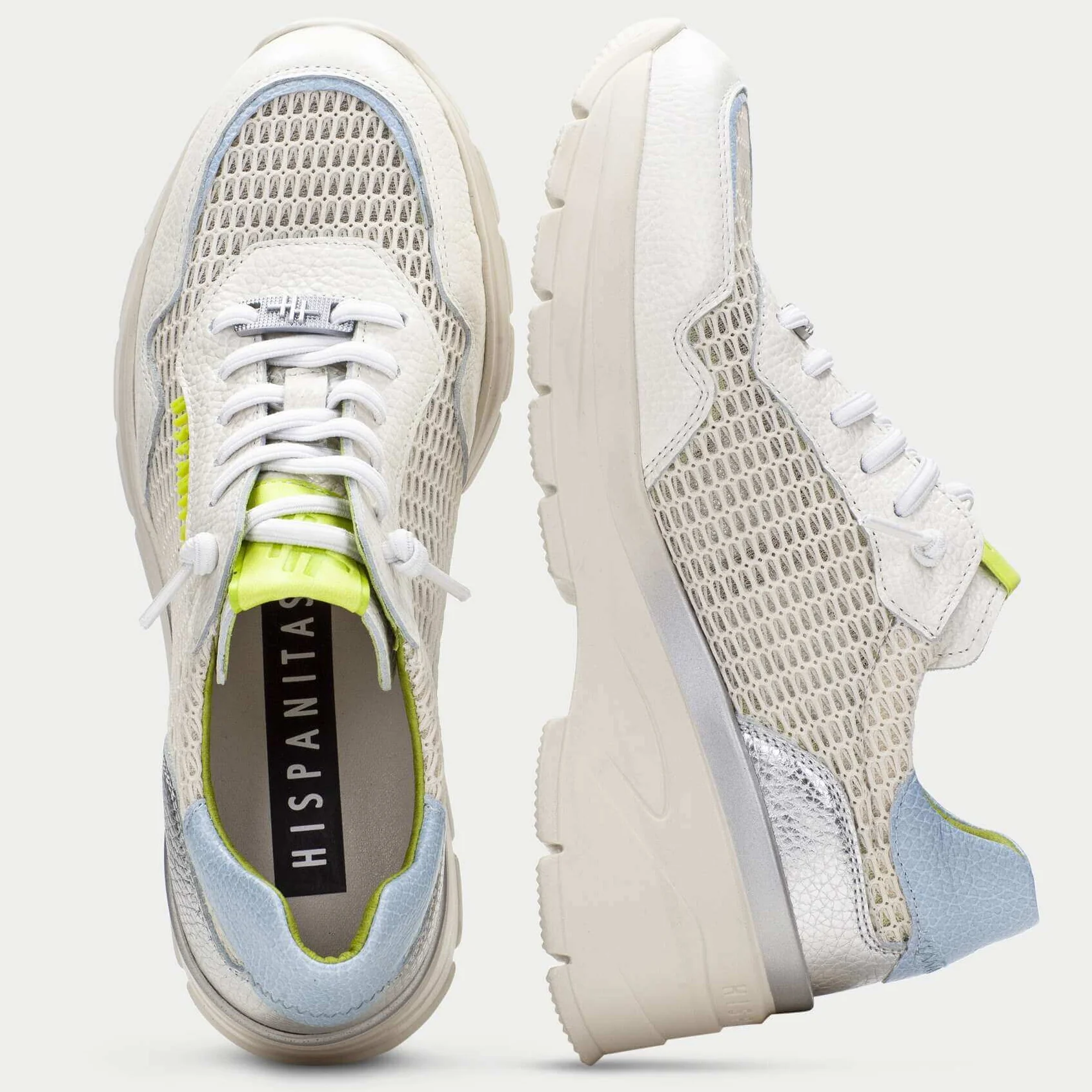 Hispanitas White Blue & Green Leather Elevated Sole Sneakers - Image 3