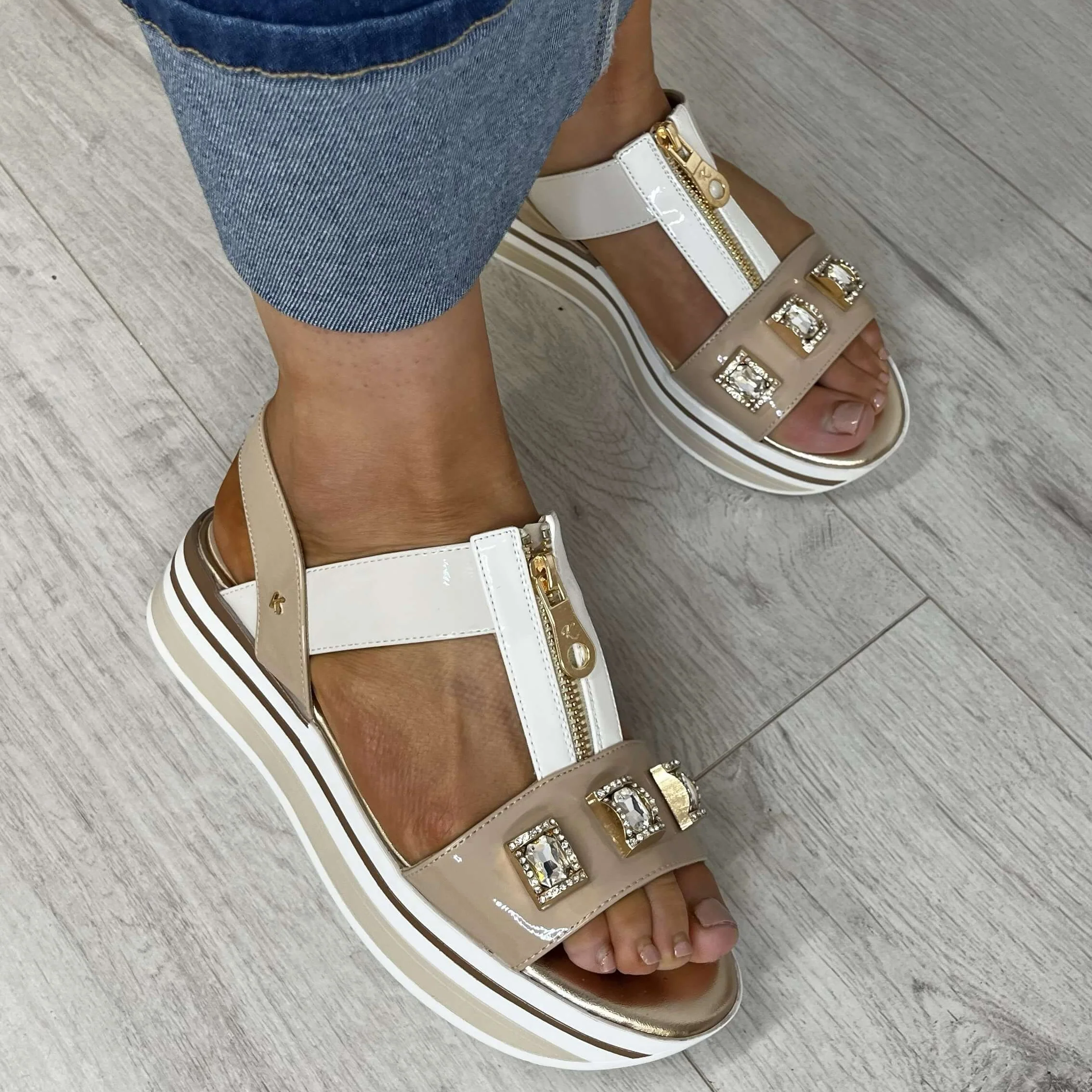 Kate Appleby Mainstone Small Wedge Jewelled Sandals - Beige - Image 3