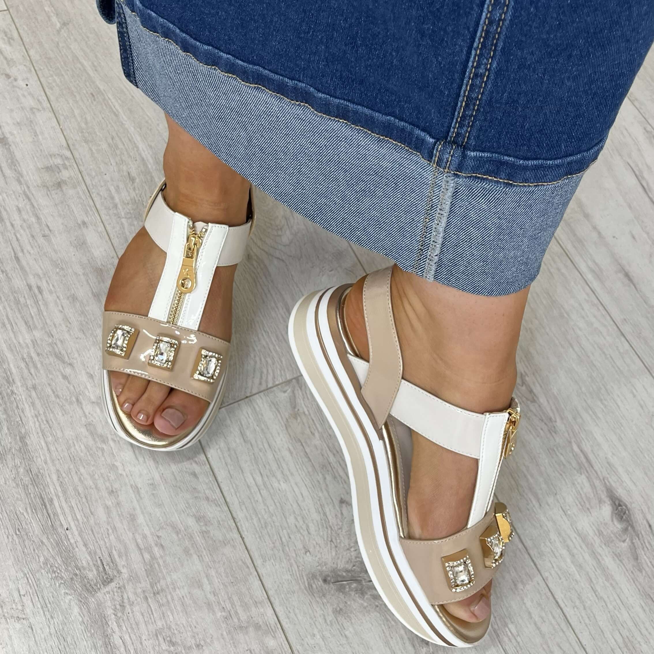 Kate Appleby Mainstone Small Wedge Jewelled Sandals - Beige - Image 4