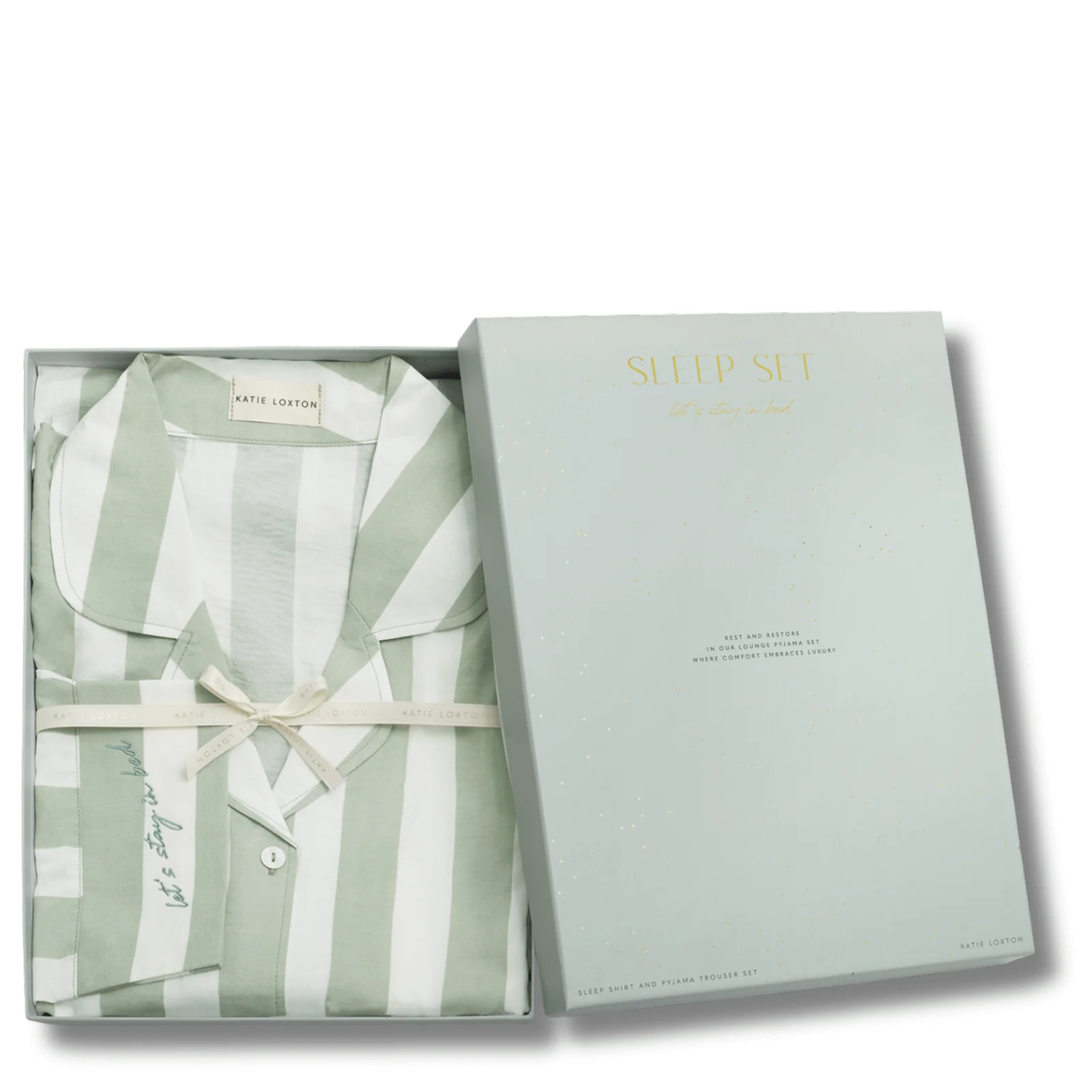 Katie Loxton 'Lets Stay In Bed' Sage Green Striped Pyjamas