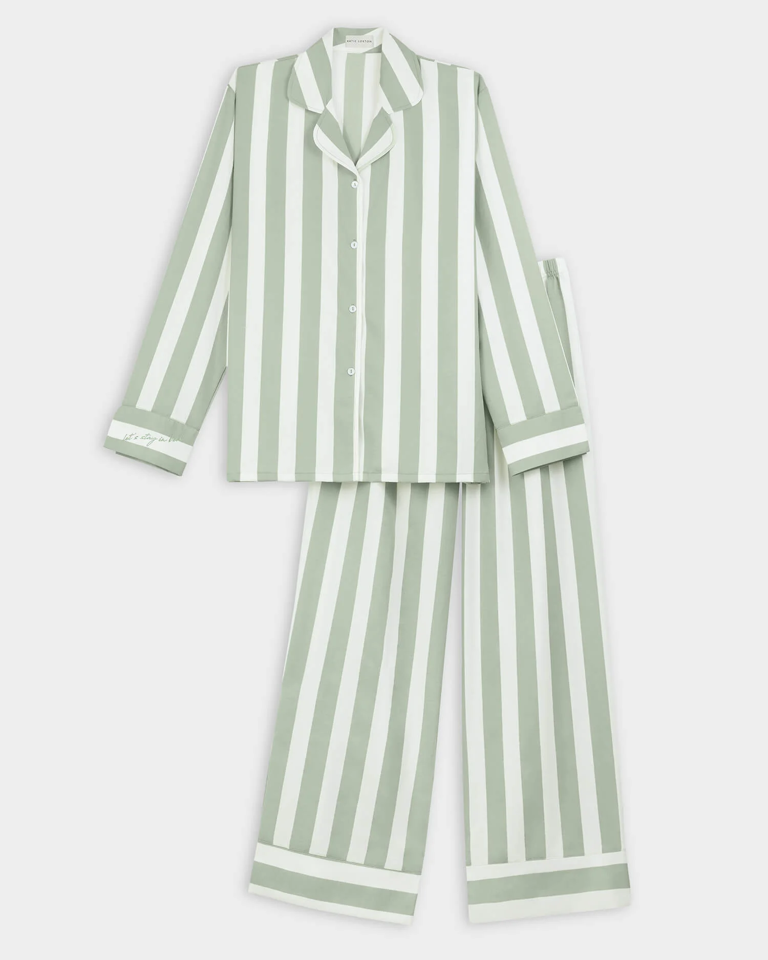 Katie Loxton 'Lets Stay In Bed' Sage Green Striped Pyjamas - Image 3