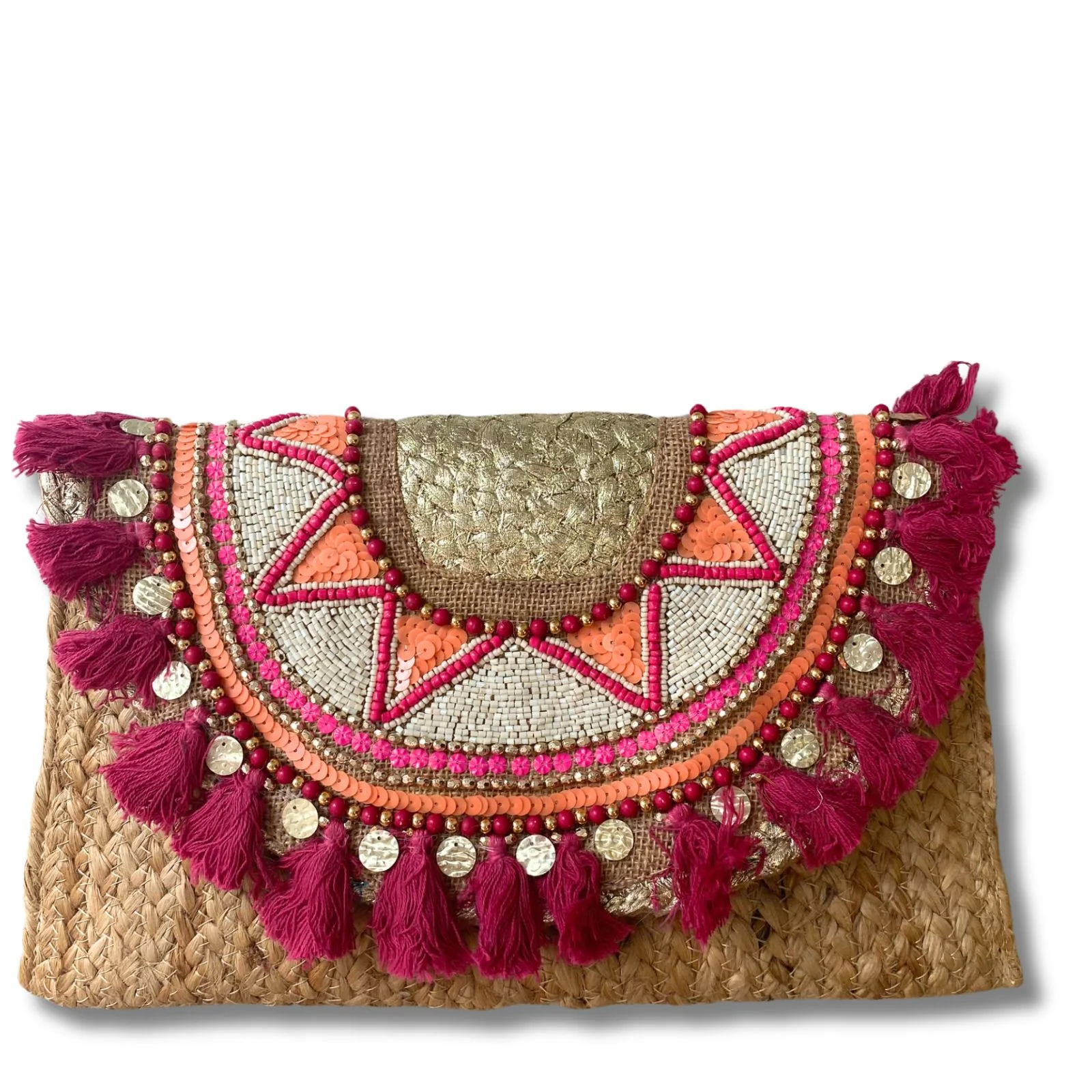 Large Jute Clutch Bag With Pink Fringing