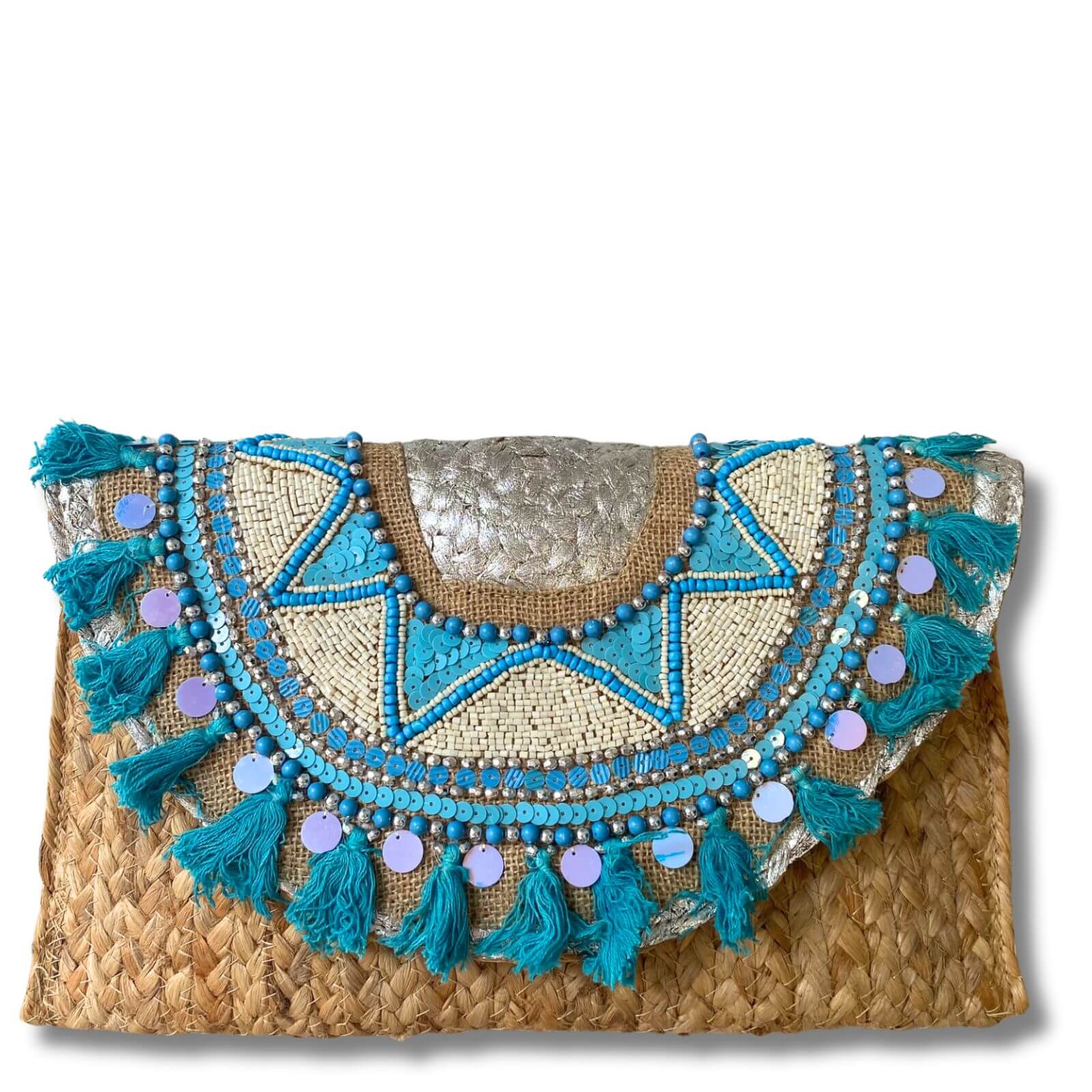 Large Jute Clutch Bag With Turquoise Fringing