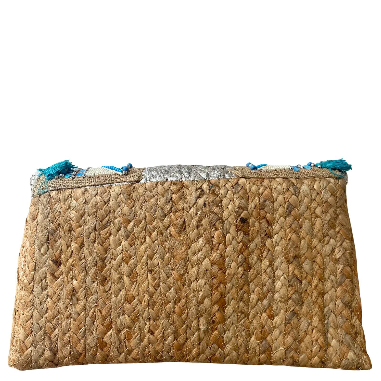 Large Jute Clutch Bag With Turquoise Fringing - Image 2