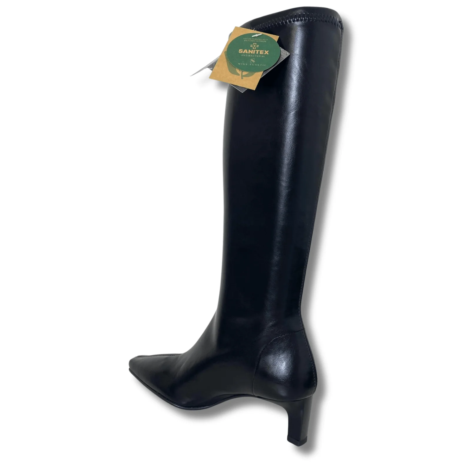 Miss Elastic Black Leather Pointy Square Toe Long Length Boots - Image 3