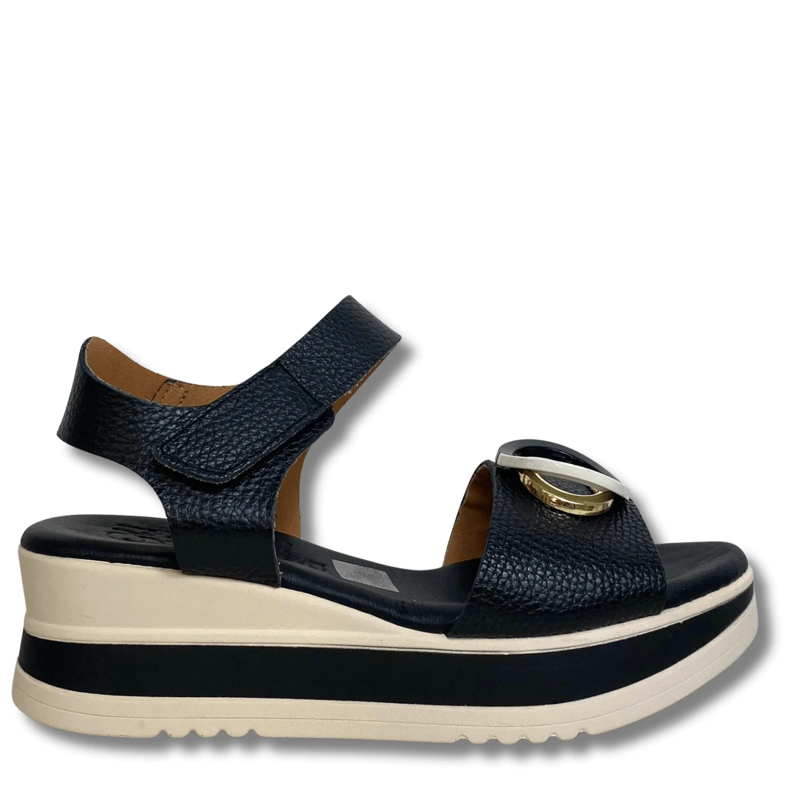 Oh My Sandals Black Leather Velcro Ankle Strap Gold Hardware Sandals