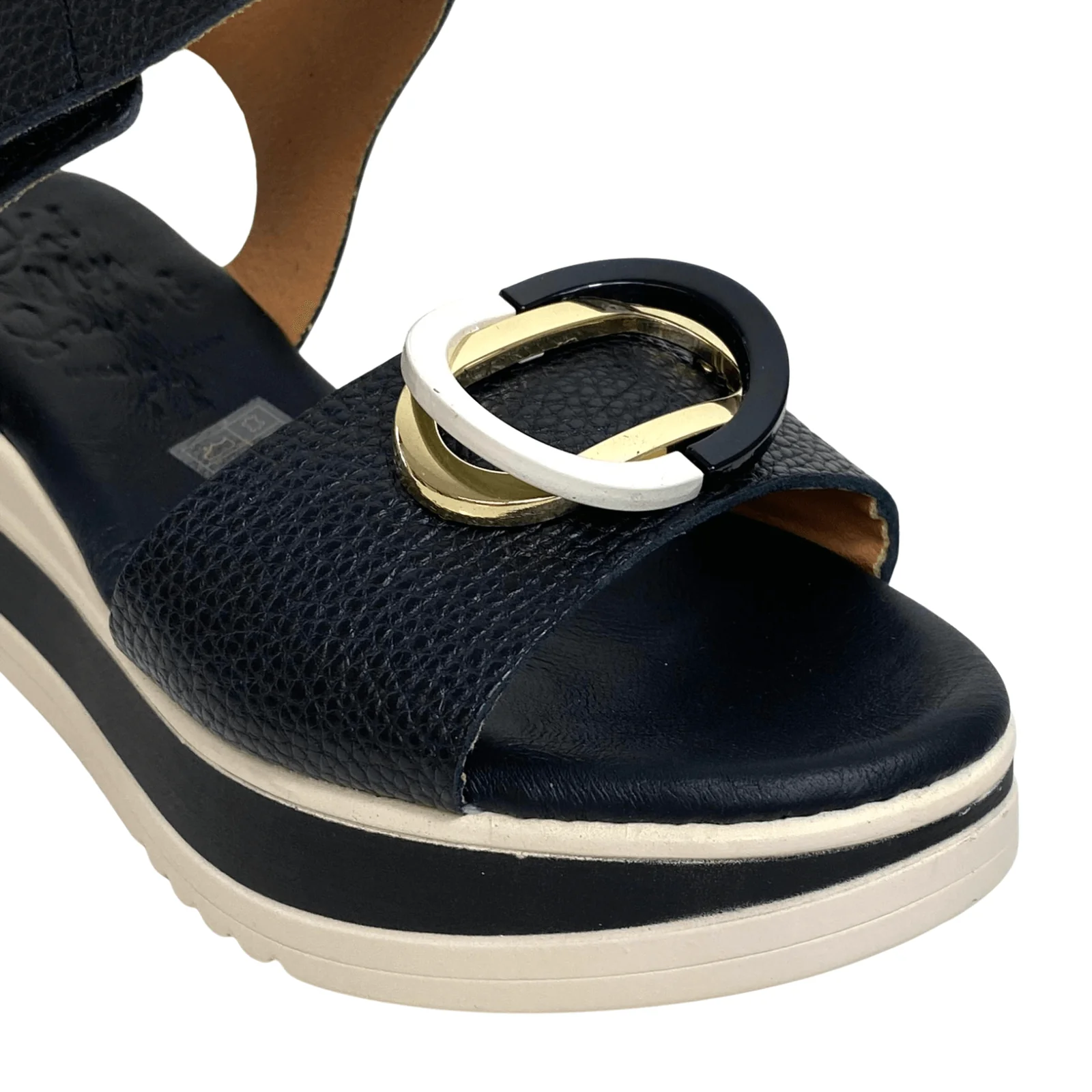 Oh My Sandals Black Leather Velcro Ankle Strap Gold Hardware Sandals - Image 2