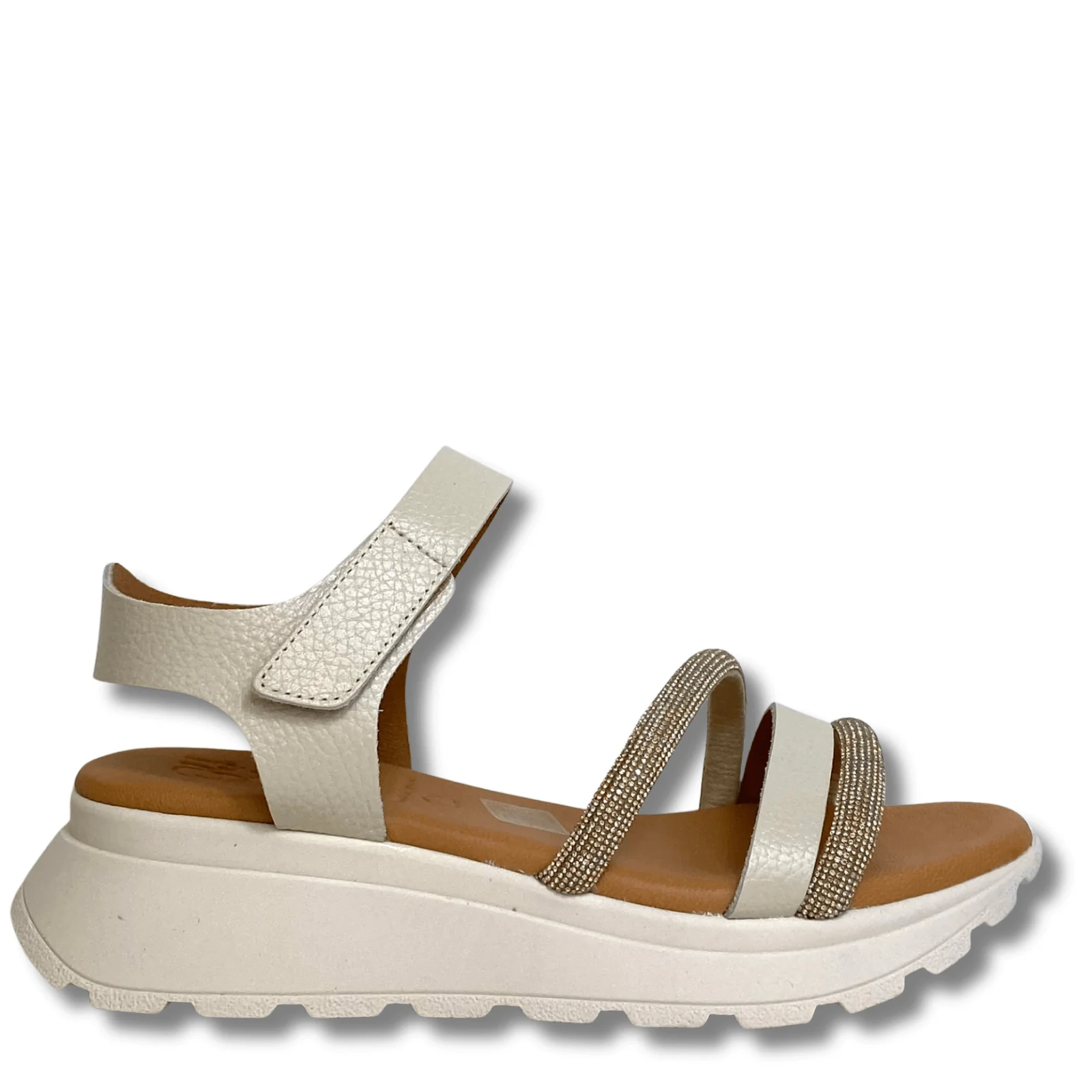 Oh My Sandals Cream Leather Velcro Ankle Strap Sparkly Sandals