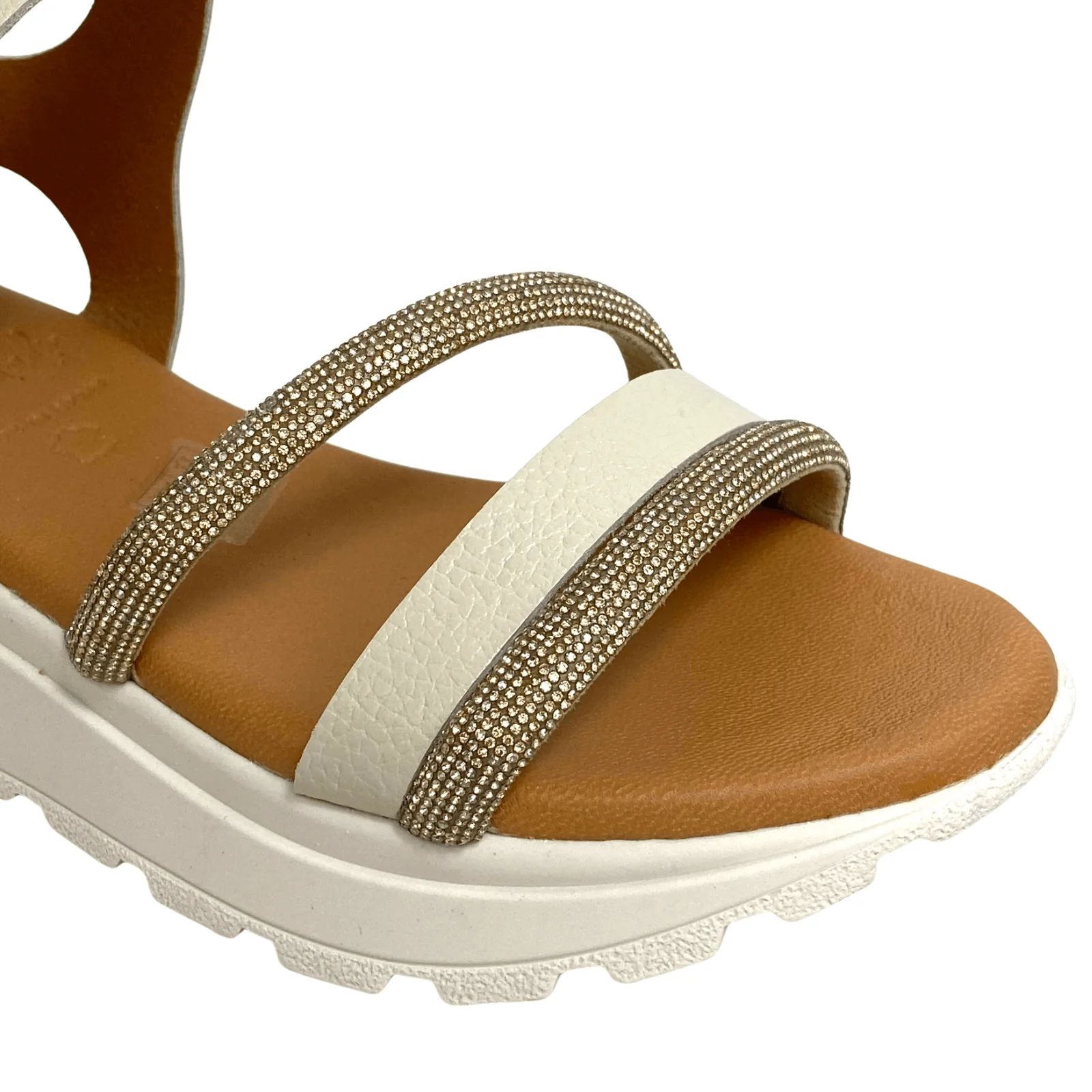 Oh My Sandals Cream Leather Velcro Ankle Strap Sparkly Sandals - Image 2