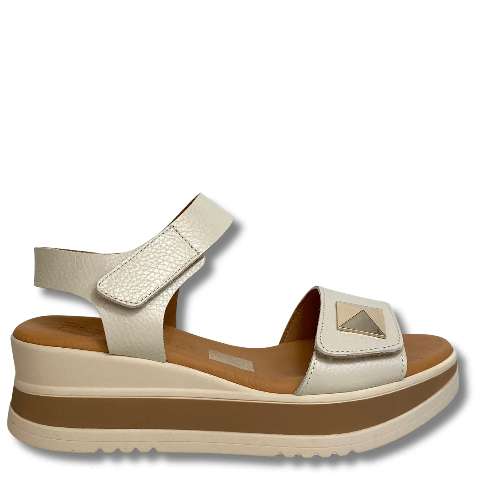 Oh My Sandals Cream Leather Velcro Ankle Strap Small Wedge Sandals