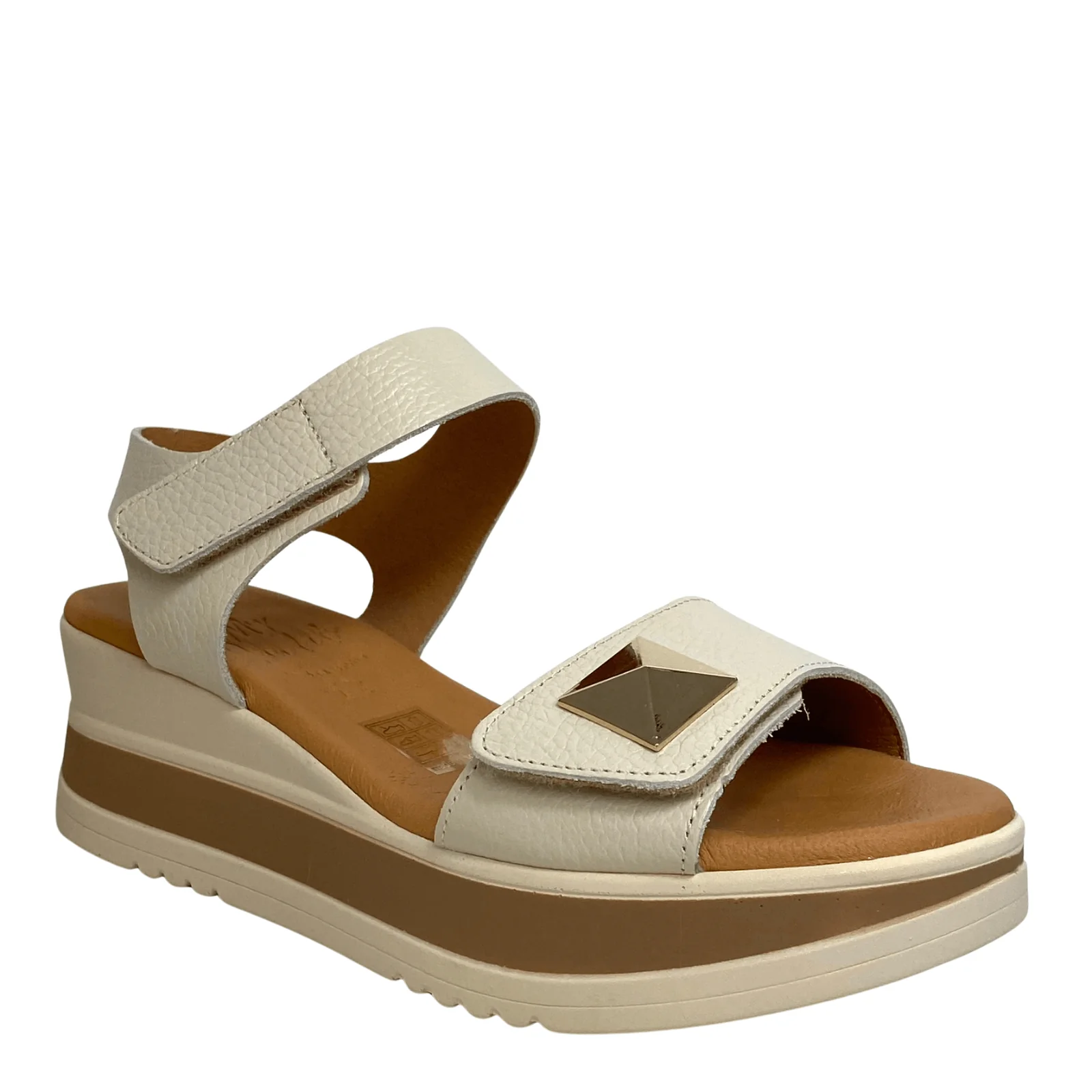 Oh My Sandals Cream Leather Velcro Ankle Strap Small Wedge Sandals - Image 2