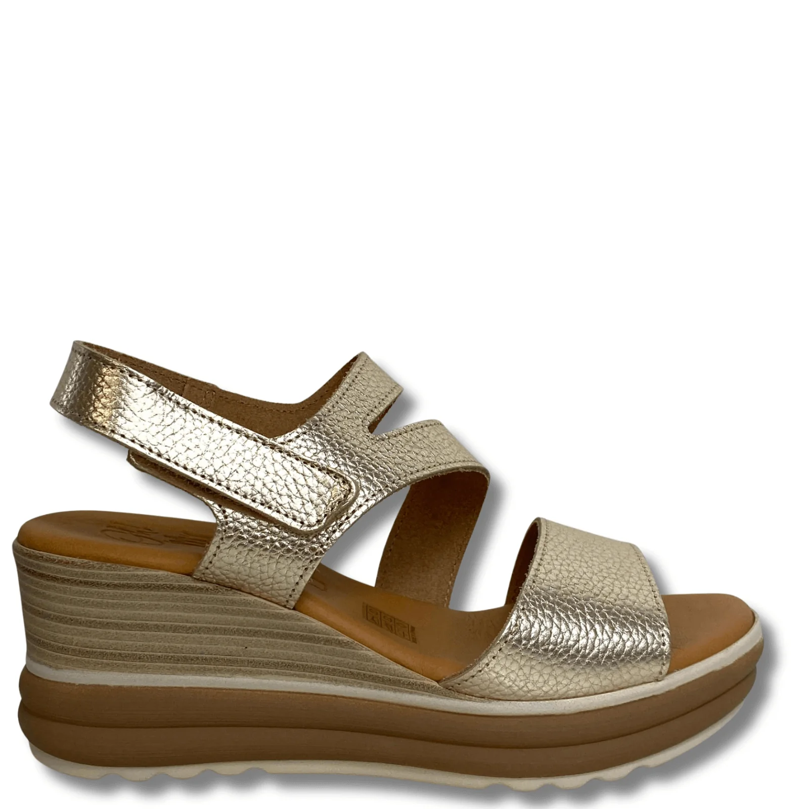 Oh My Sandals Gold Leather Mid Height Wedge Sandals