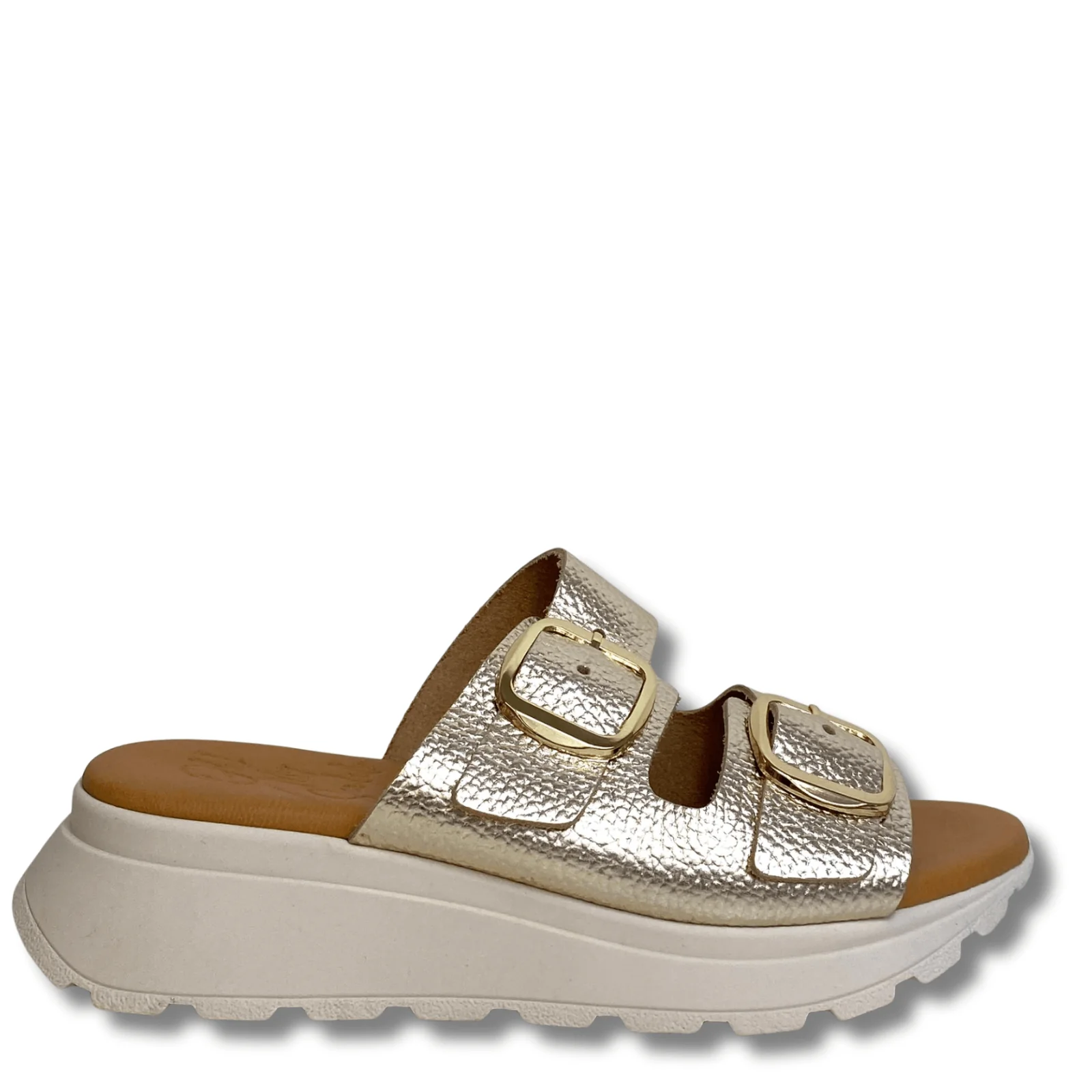 Oh My Sandals Gold Leather Slip On Double Strap Sandals