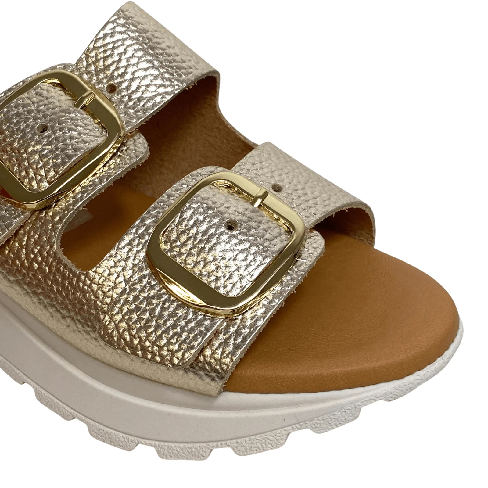 Oh My Sandals Gold Leather Slip On Double Strap Sandals - Image 2