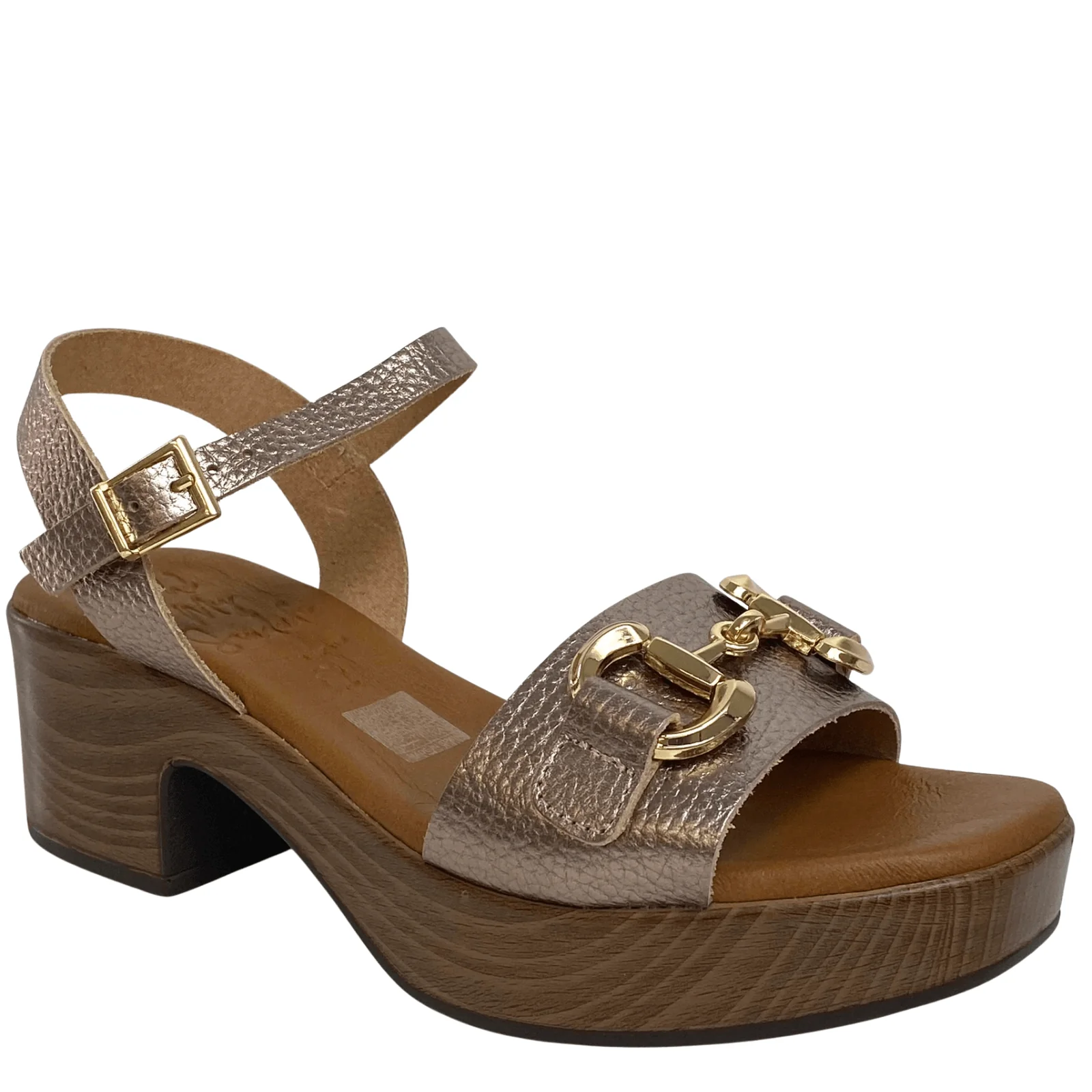 Oh My Sandals Gold Leather Small Block Heel Gold Hardware Sandals - Image 2