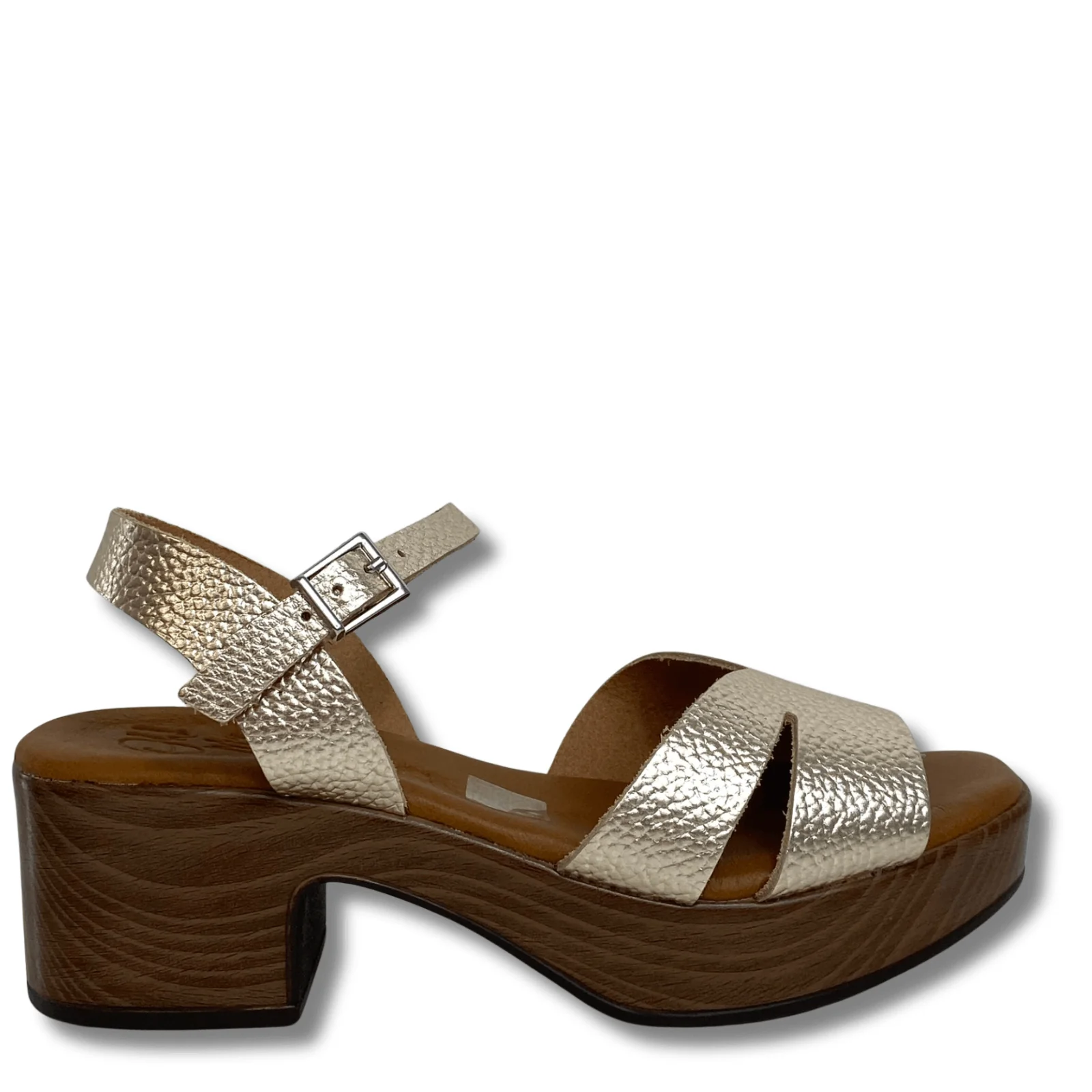 Oh My Sandals Gold Leather Small Block Heel Sandals