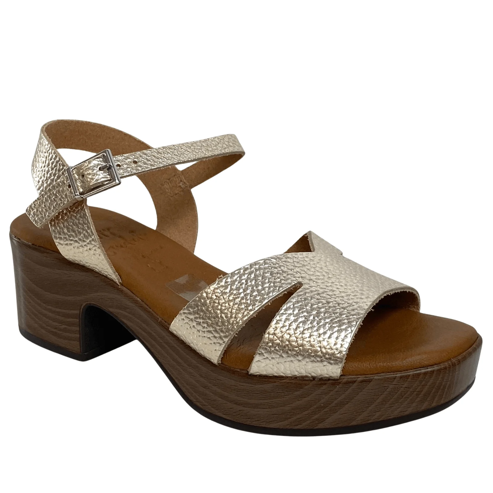 Oh My Sandals Gold Leather Small Block Heel Sandals - Image 2
