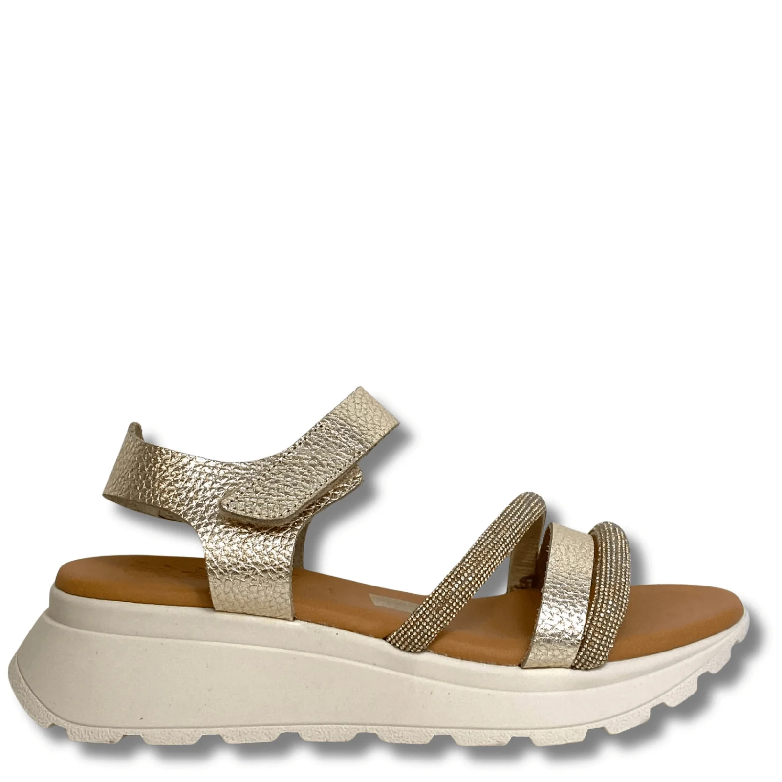 Oh My Sandals Gold Leather Velcro Ankle Strap Sparkly Sandals