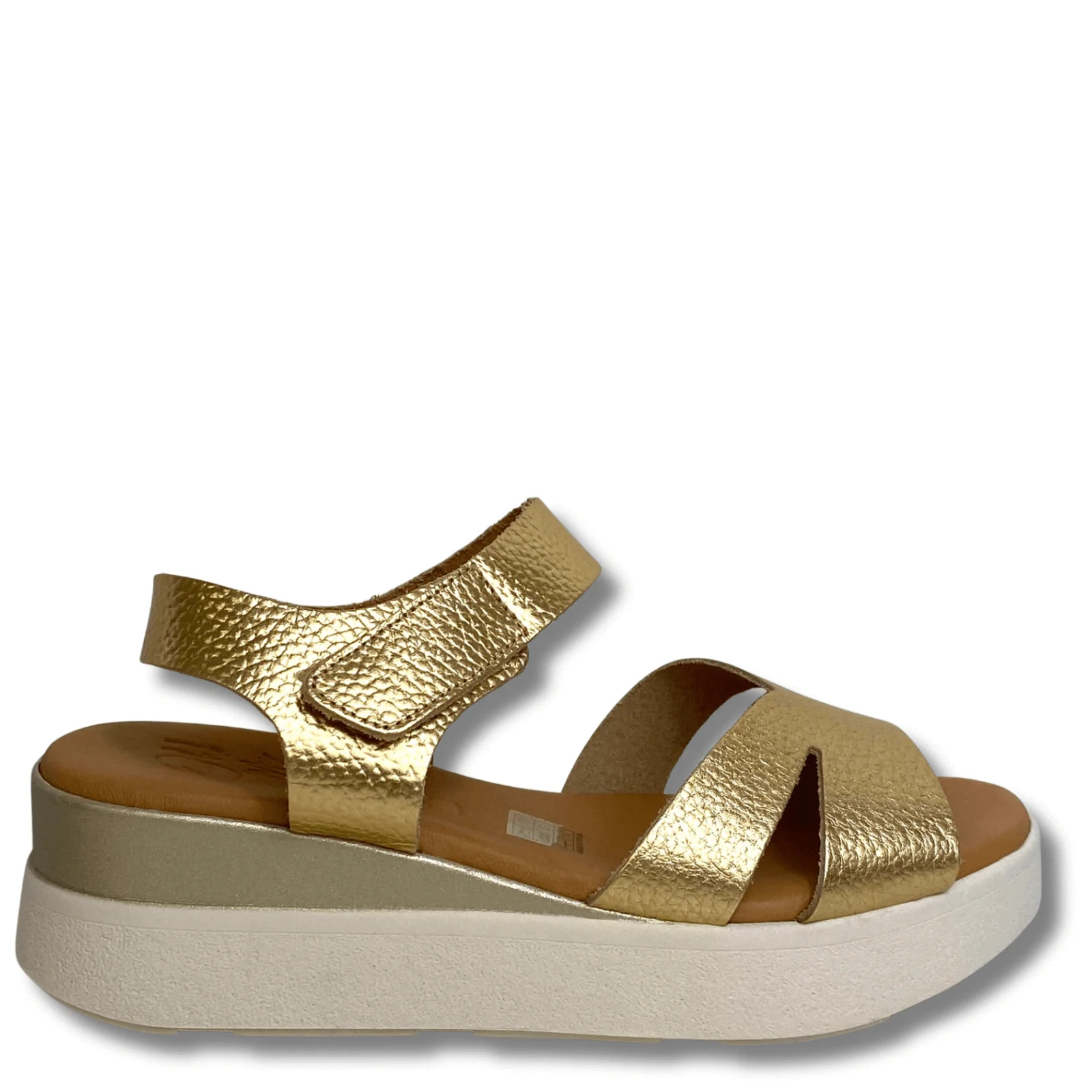 Oh My Sandals Gold Leather Velcro Ankle Strap Wedge Sandals