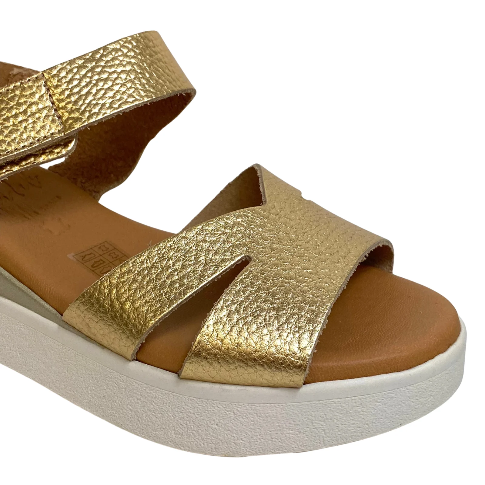 Oh My Sandals Gold Leather Velcro Ankle Strap Wedge Sandals - Image 2