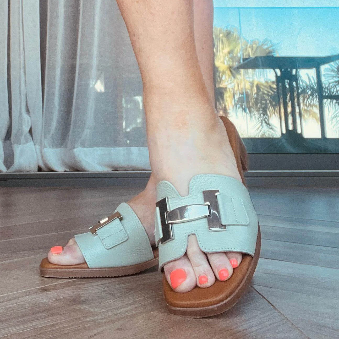 Oh My Sandals Mint Green Leather Slip On Mules - Image 3