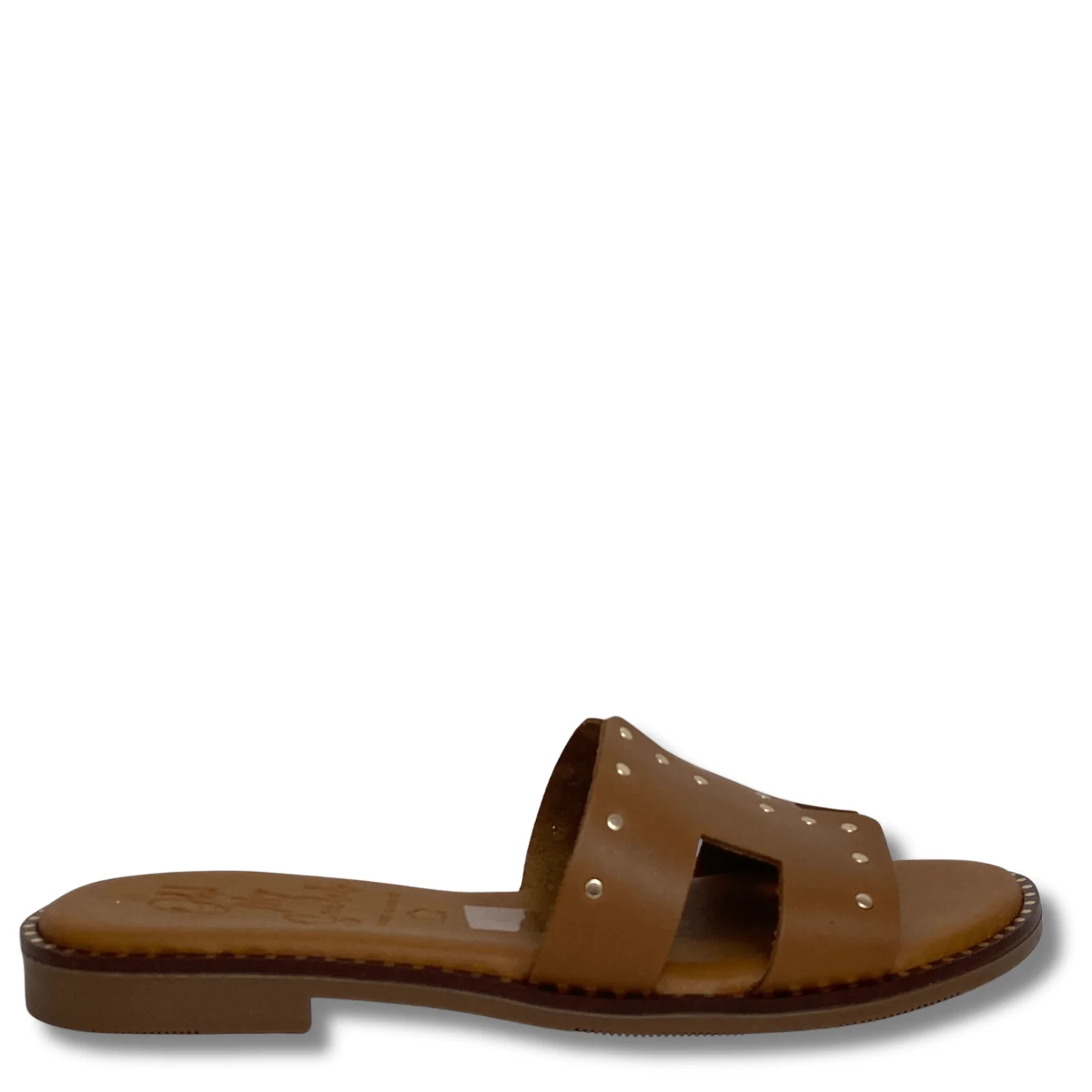 Oh My Sandals Tan Leather Gold Studded Slip On Mules