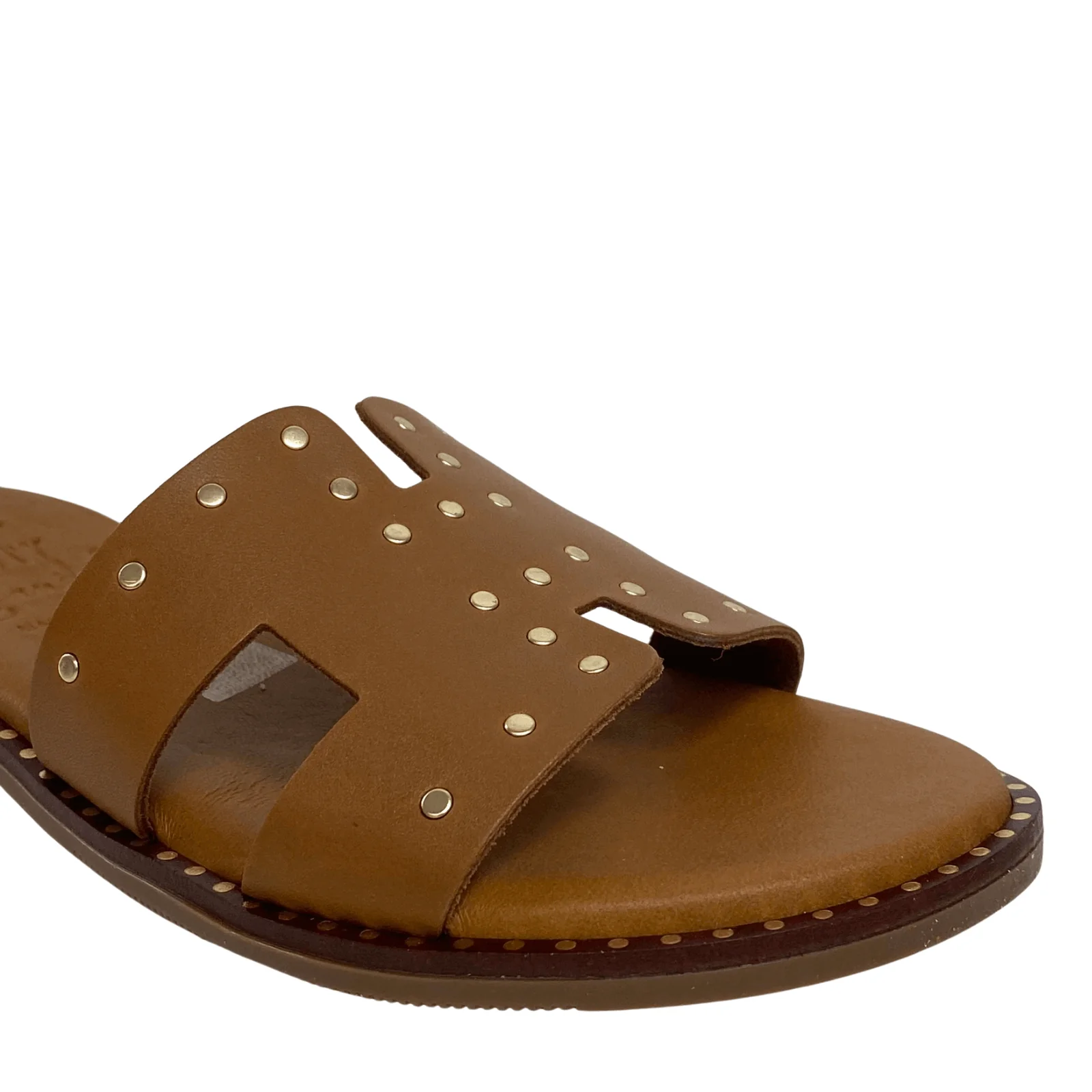 Oh My Sandals Tan Leather Gold Studded Slip On Mules - Image 2