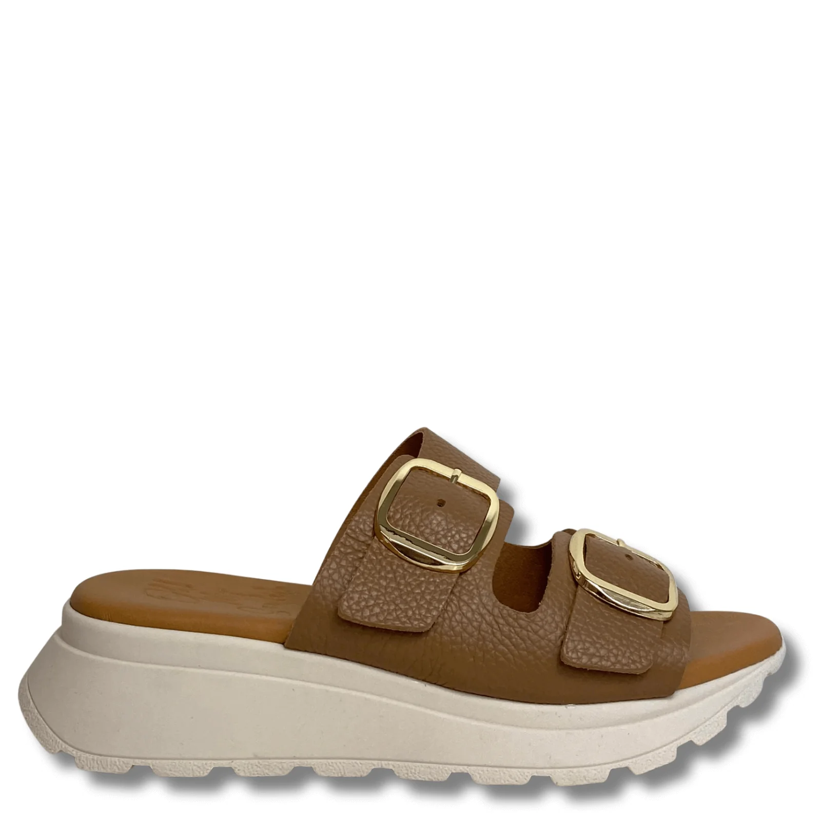 Oh My Sandals Tan Leather Slip On Double Strap Sandals