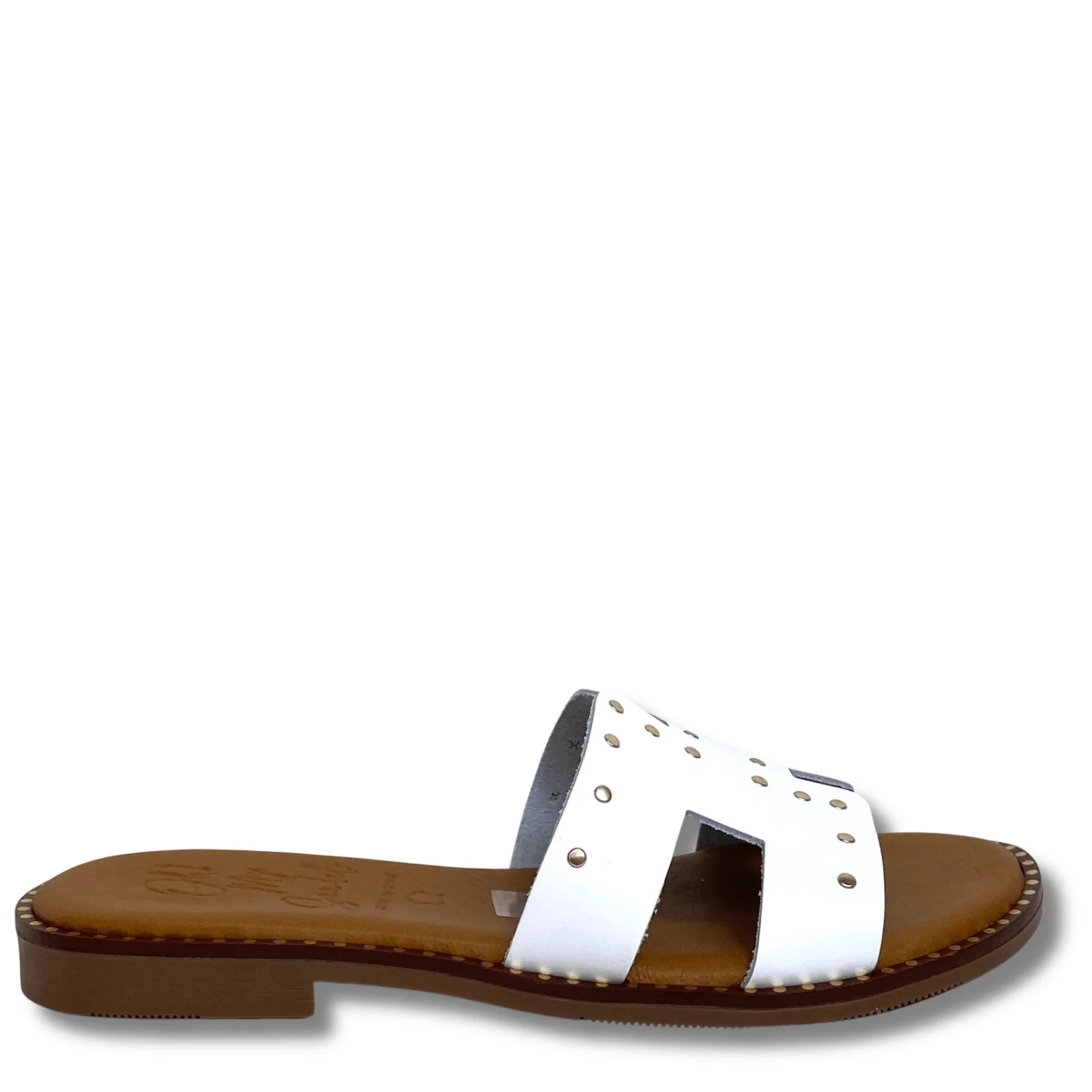 Oh My Sandals White Leather Gold Studded Slip On Mules