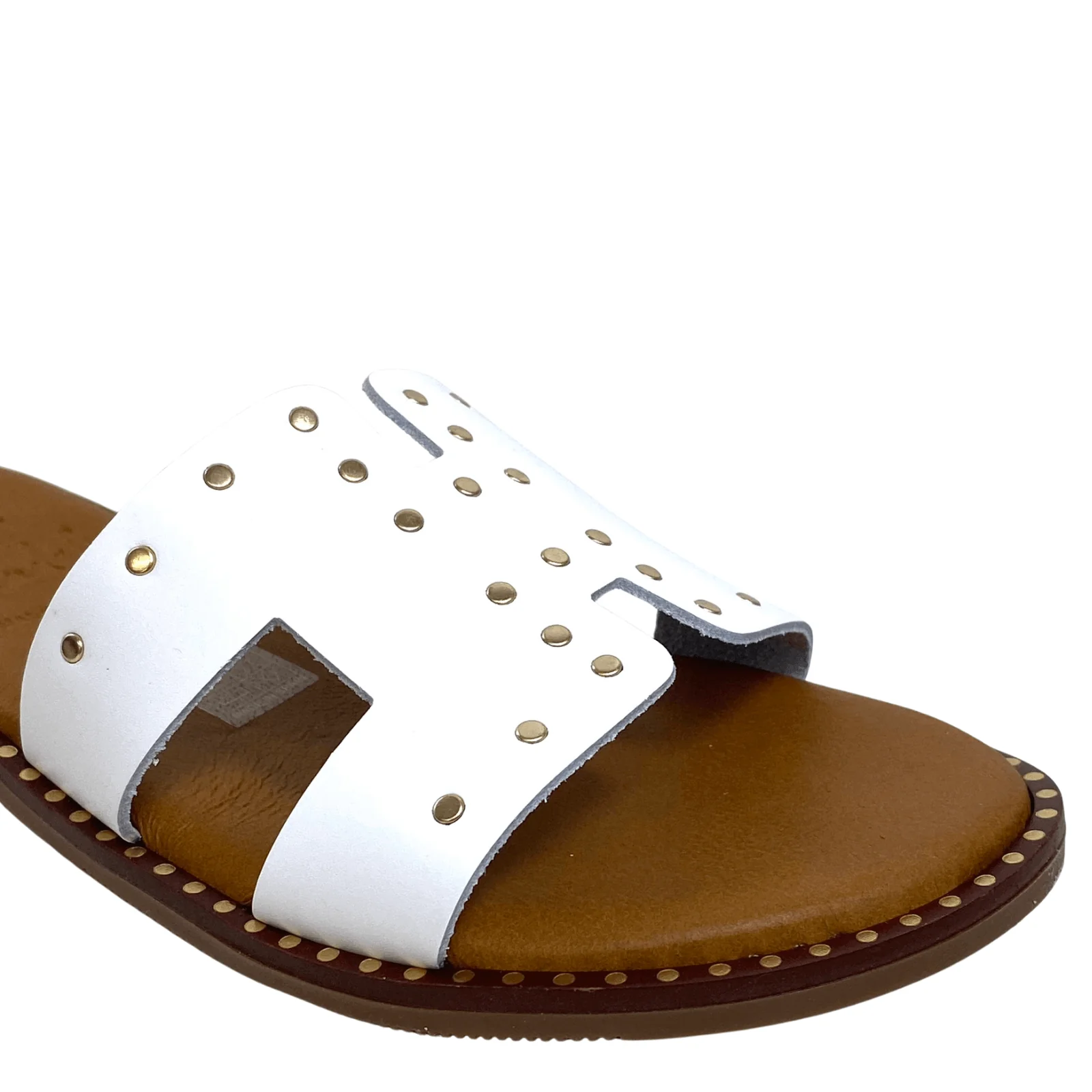 Oh My Sandals White Leather Gold Studded Slip On Mules - Image 2