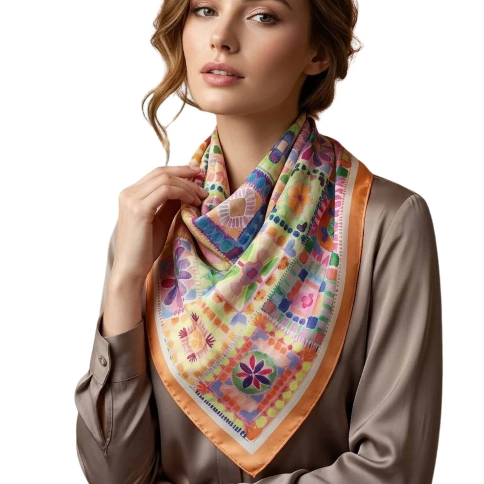 Orange Floral Tile Pattern Neck Scarf - Image 3