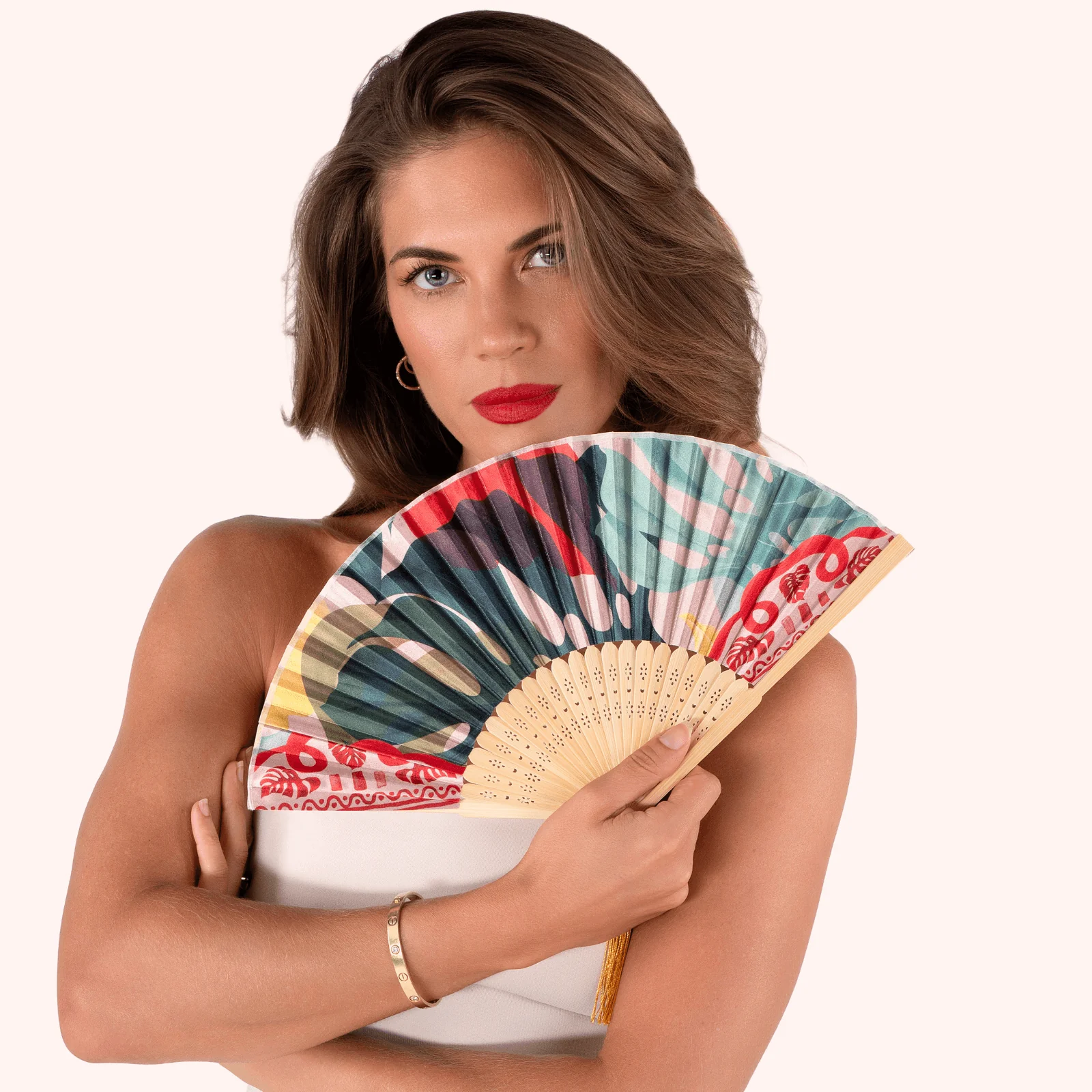 Powder Exotic Leaves Hand Fan - Image 3