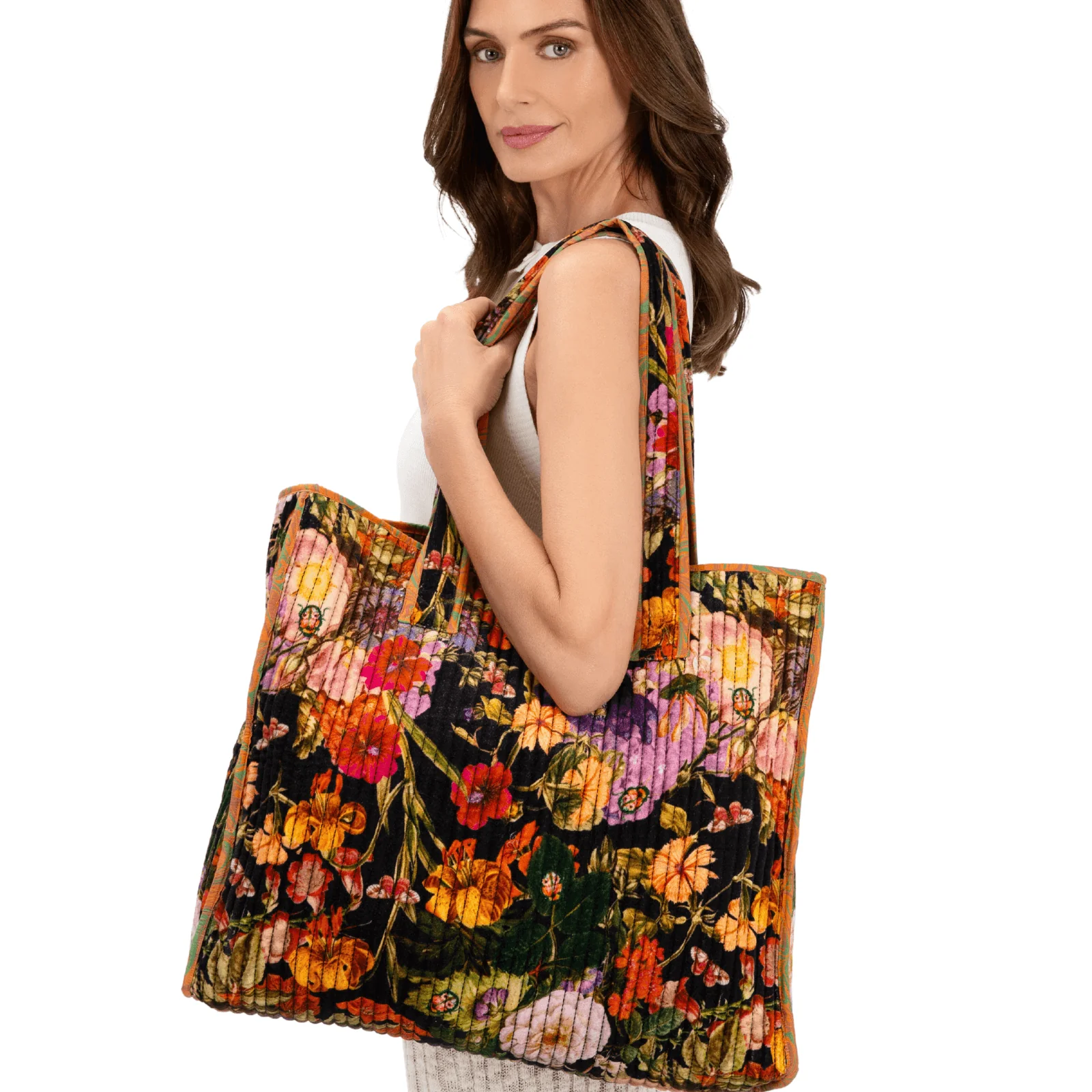 Powder Luxe Velvet Quilted Large Tote Bag - Midnight Posy