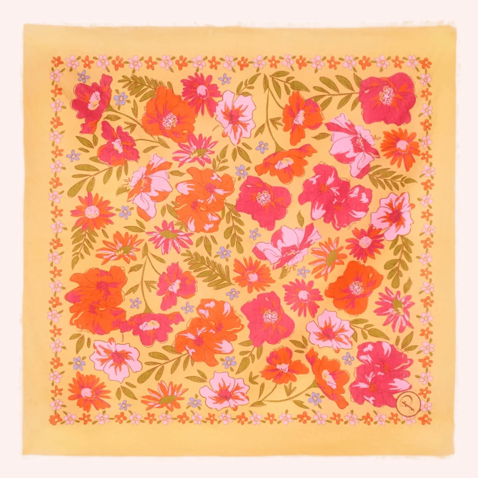 Powder Sketched Florals Mustard Cotton Square Scarf - Image 3