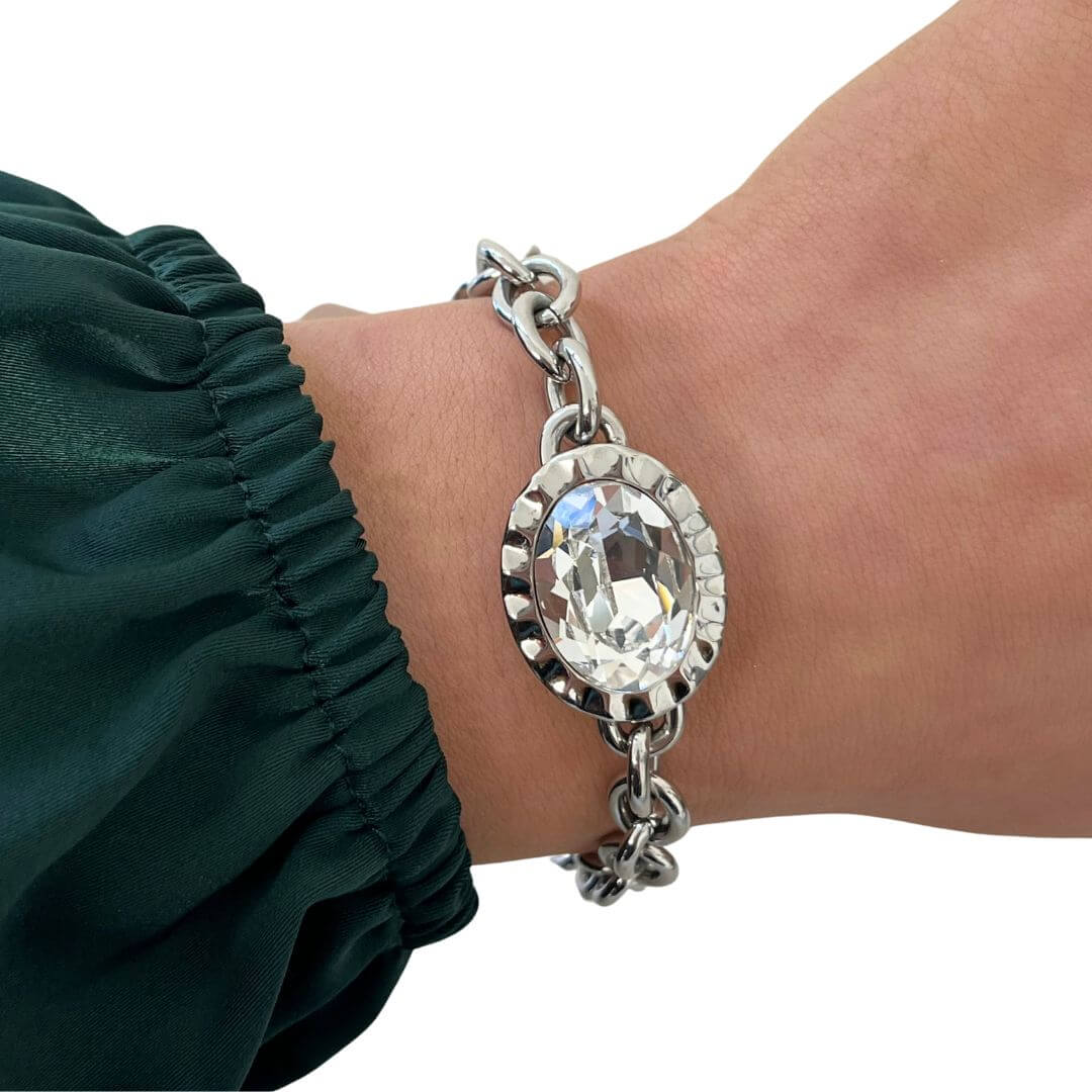Qudo Tivola Silver Chunky Link Bracelet - Clear Crystal - Image 2