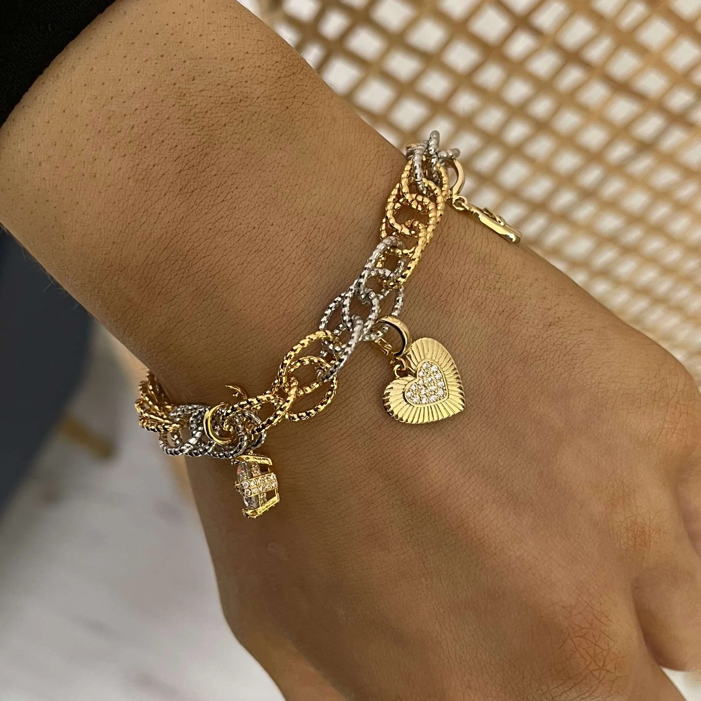 Rebecca My World Two Tone Textured Link Charm Bracelet - Image 2