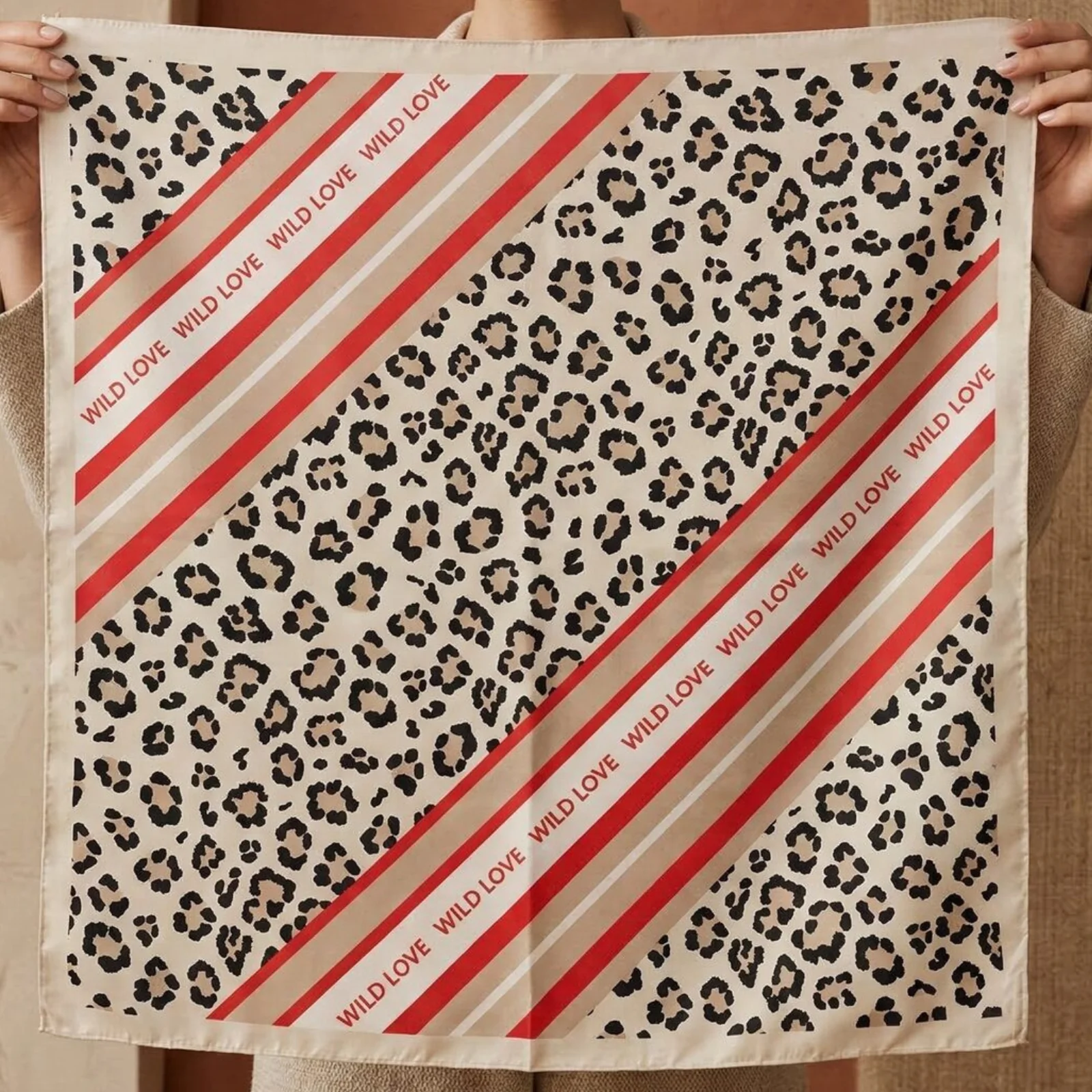 Red & Beige Leopard Pattern Neck Scarf - Image 3