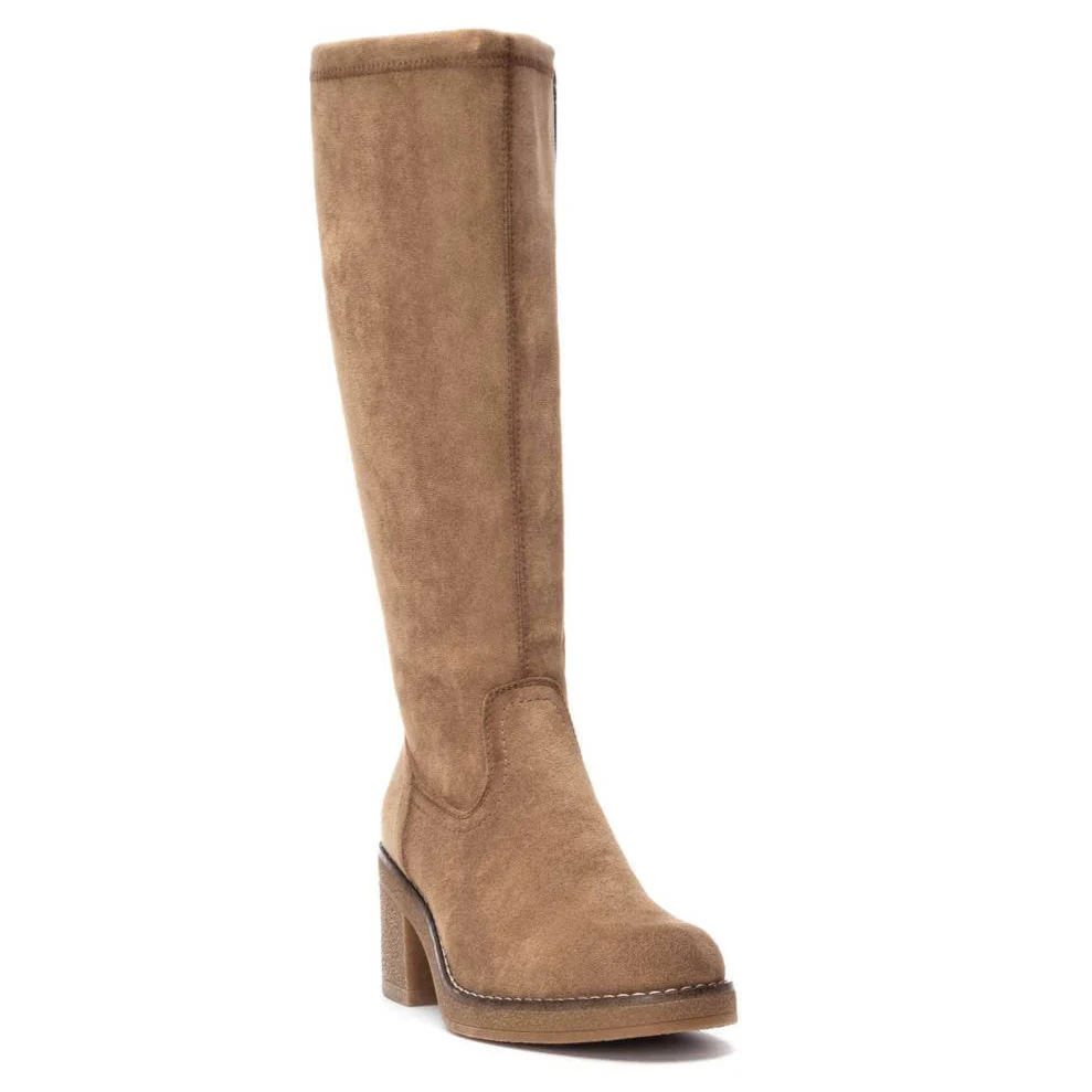 Refresh Beige Stretch Long Length Block Heel Boots - Image 2
