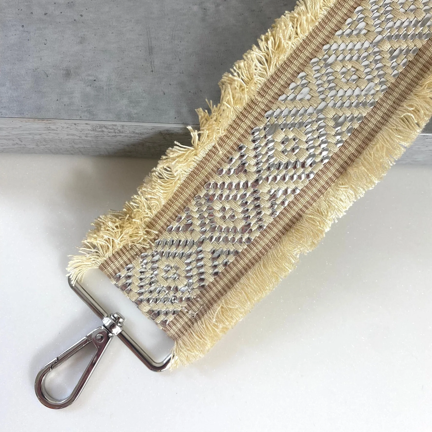 Silver Aztec Cream Fringed Bag Strap