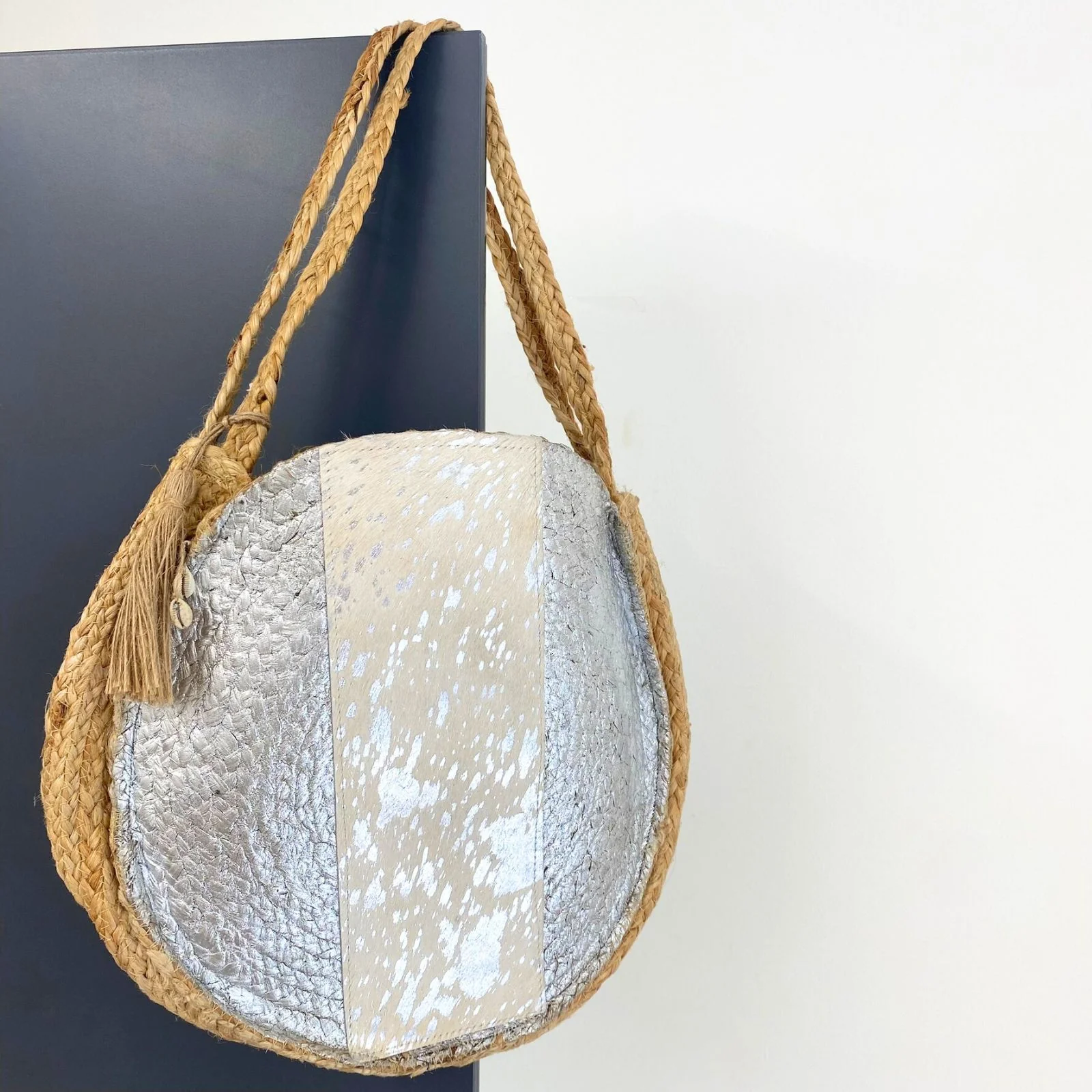 Silver Circular Leather Jute Bag