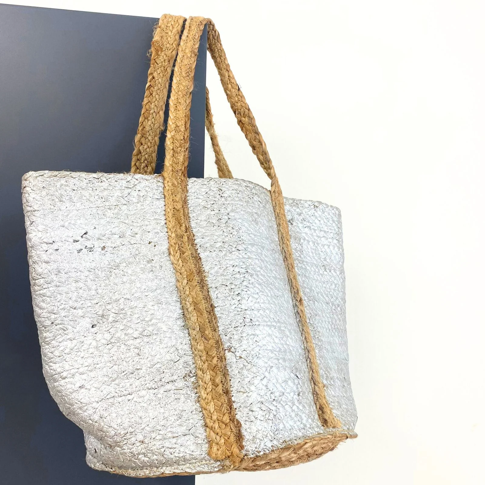 Silver Large Jute Shoulder Bag